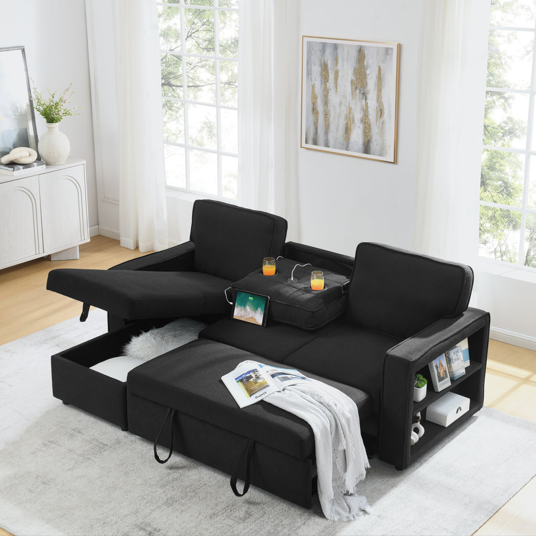 Linen Upholstered Sleeper Sectional Sofa, Shaped Modular Convertible Sofa With Storage Chaise,There Are Two Cup Holders In The Middle And Usb Multi Interface Function,Pull Out Sleep Couch Bed ,Black