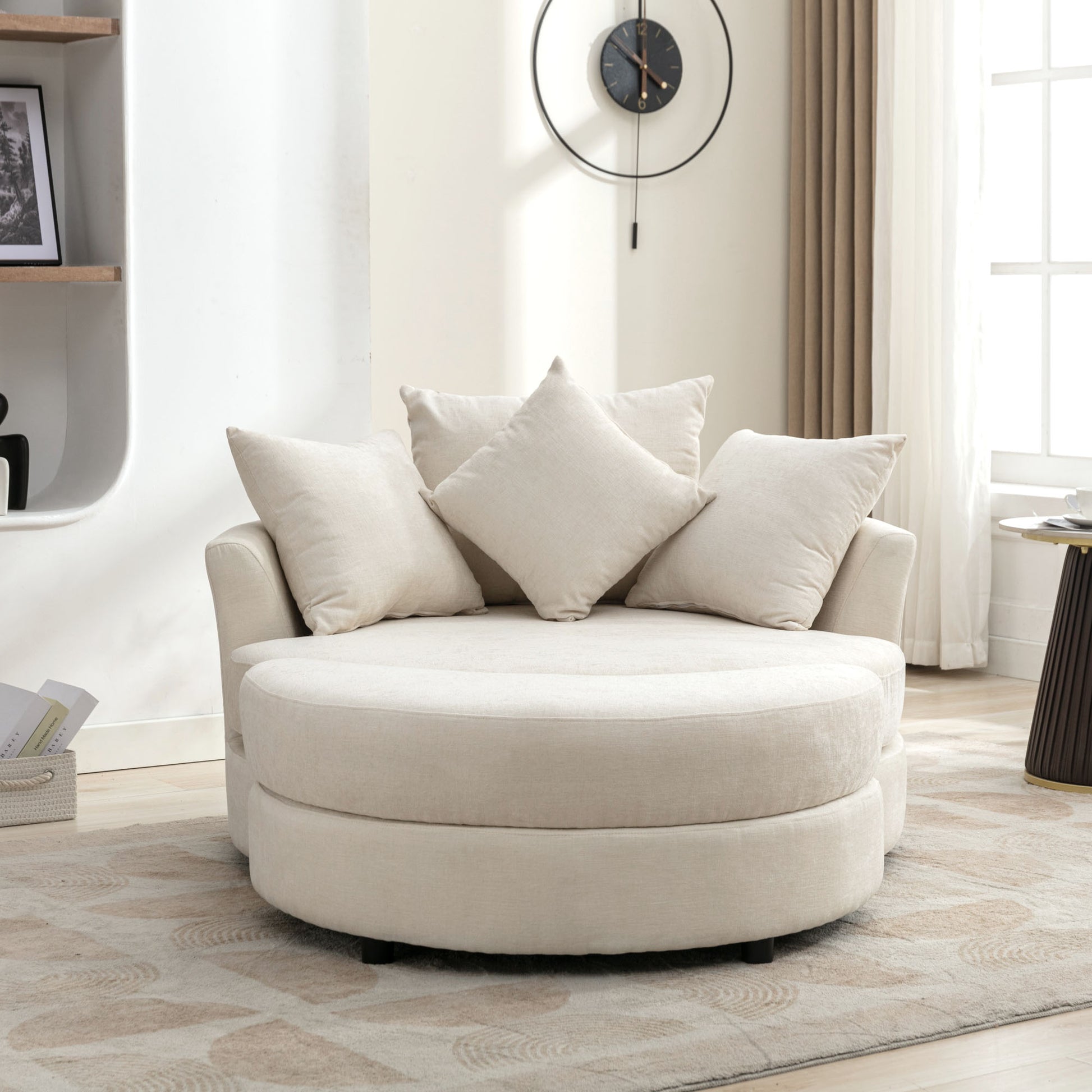Orisfur. 360 Swivel Accent Barrel Chair With Storage Ottoman & 4 Pillows, Modern Chenille Leisure Chair Round Accent For Living Room, Cream Cream Foam Chenille