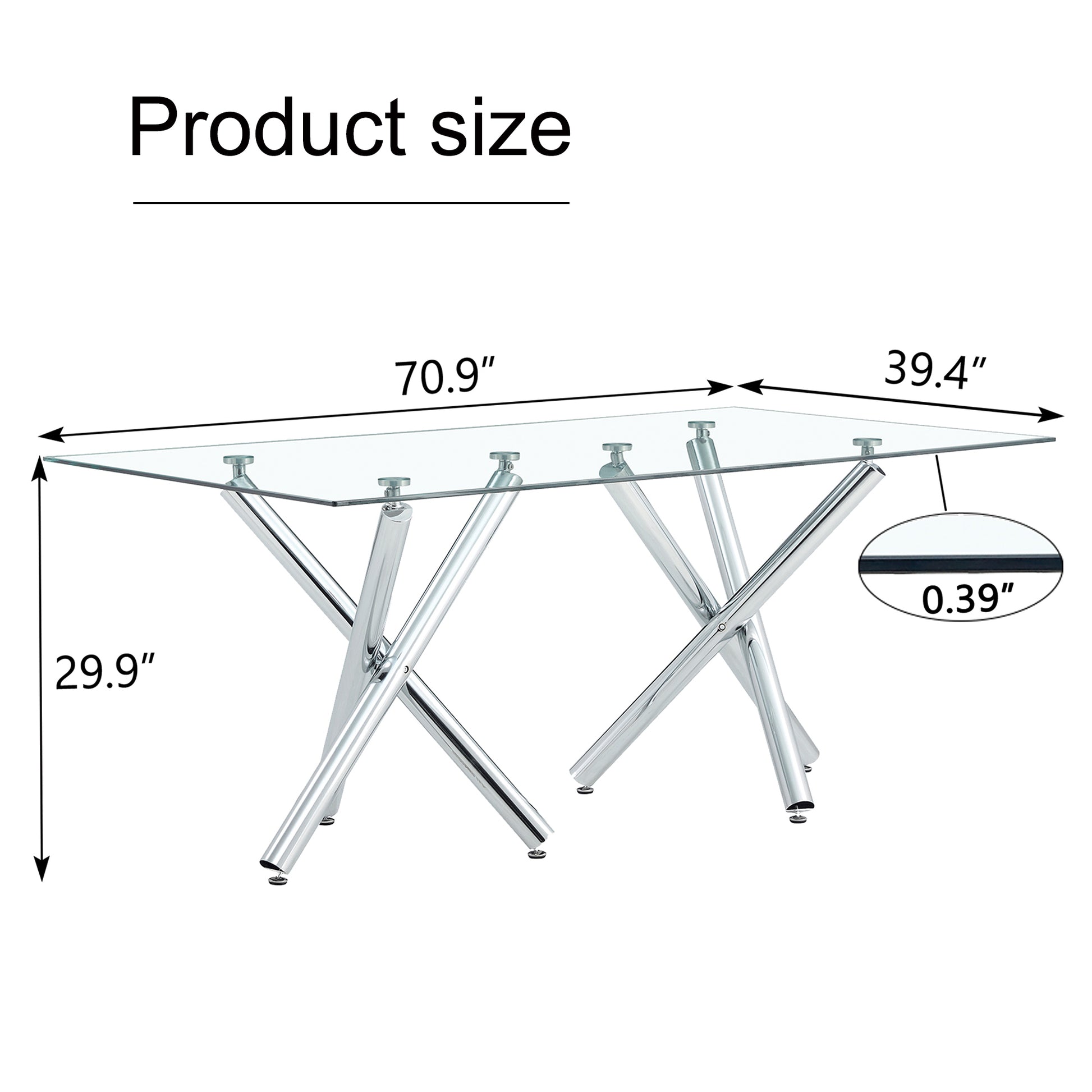 Large Modern Minimalist Rectangular Glass Dining Table For 6 8 With 0.39" Tempered Glass Tabletop And Silver Chrome Metal Legs, For Kitchen Dining Living Meeting Room Banquet Hall, 71' X39''X 30''1538 Transparent Glass