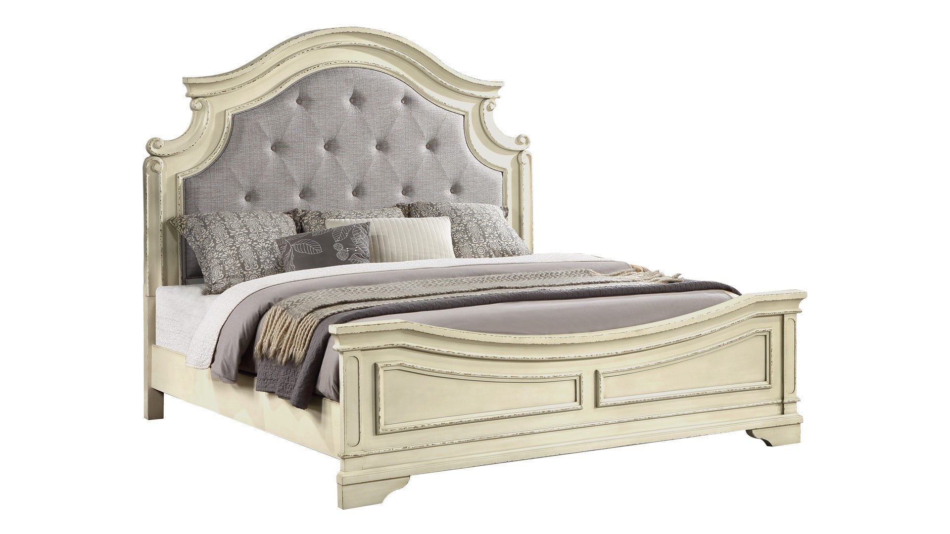 Noble Traditional Style Queen Bed With Button Tufted Upholstery Headboard Made With Wood In Antique Beige Box Spring Required Queen Beige Wood White Bedroom Traditional Slat Beds Solid Wood Mdf Wood