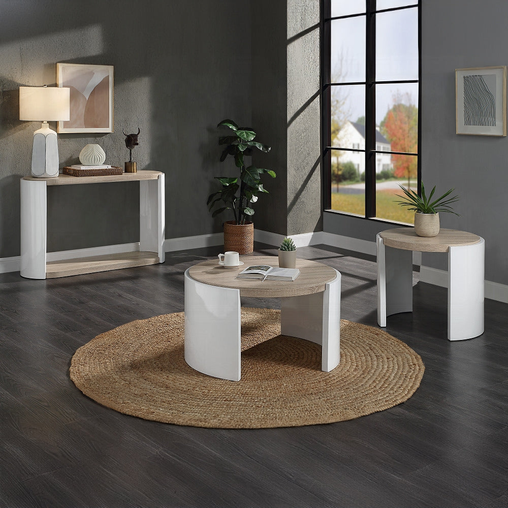 Oak And White High Gloss End Table With Sled Base Oak Primary Living Space Oval Mdf Sled