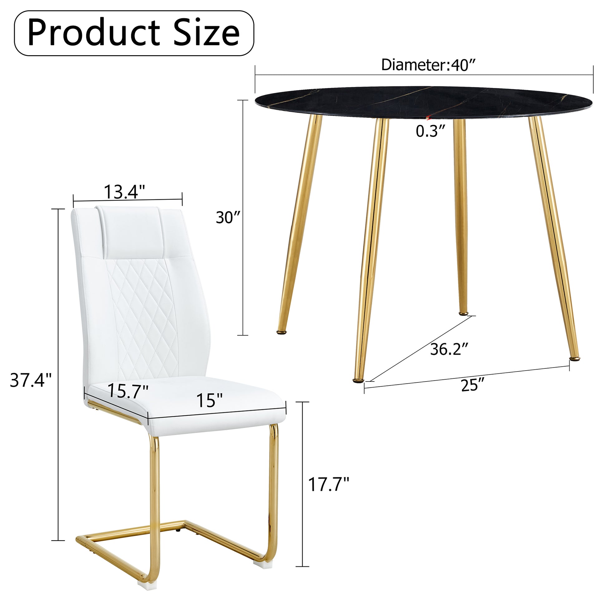 1 Table And 4 Chairs, A Modern Minimalist Circular Dining Table With A 40 Inch Black Imitation Marble Tabletop And Gold Plated Metal Legs, And 4 Modern Gold Plated Metal Leg Chairs. Black Gold Seats 4 Glass