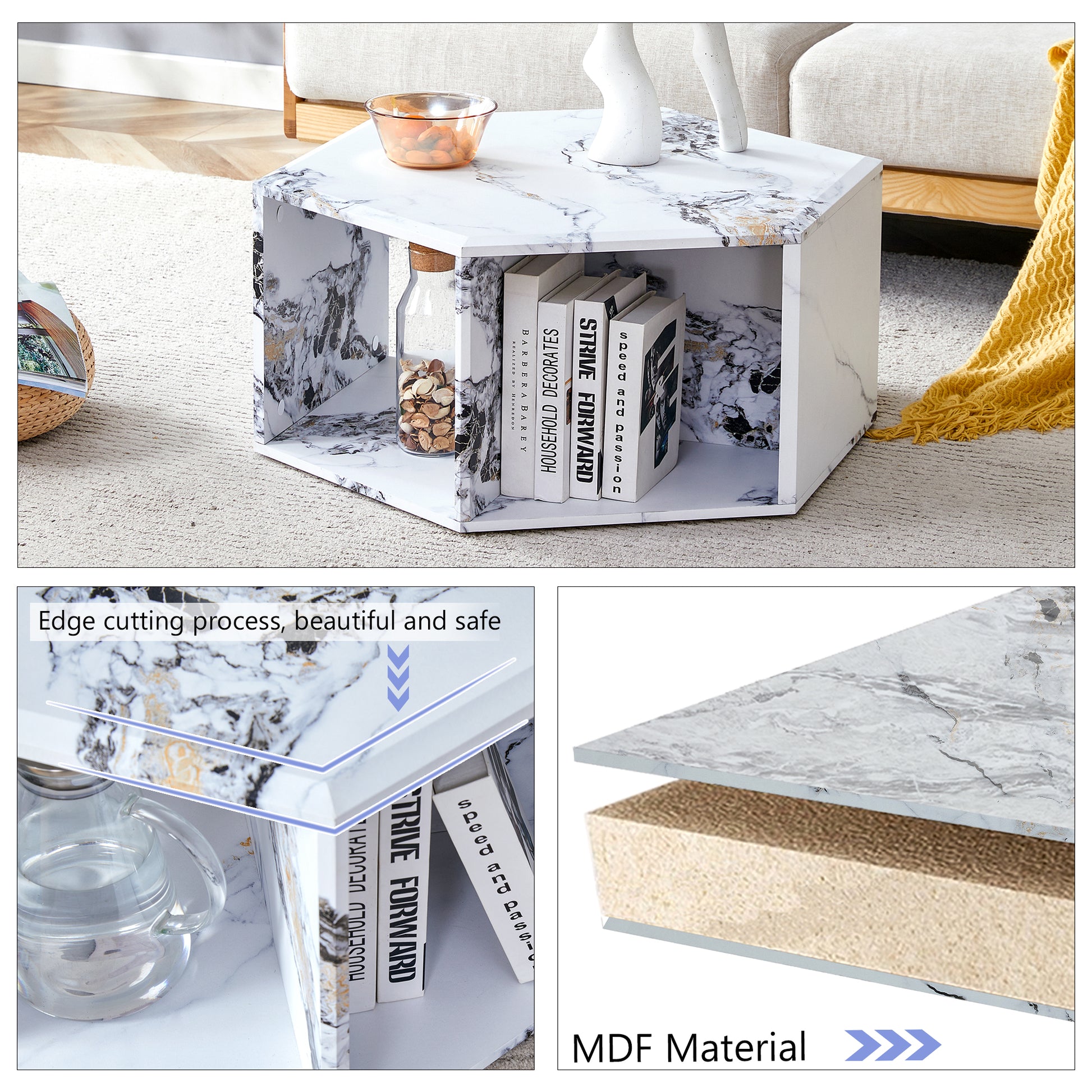 Hexagonal Mdf Coffee Table, Characteristic Pattern Stickers, Multi Hole Design To Give More Storage Space, Simple And Convenient Design Makes It Suitable For All Kinds Of Style Scenes. White Mdf