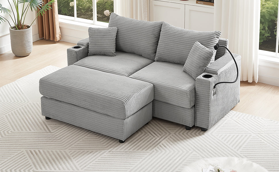 72.8" Modern Style Loveseat Sofa Sectional Sofa Couch With Storage Space, A Movable Ottoman, Two Usb Ports, Two Cup Holders, A Phone Holder For Living Room, Gray Gray Foam Corduroy 3 Seat