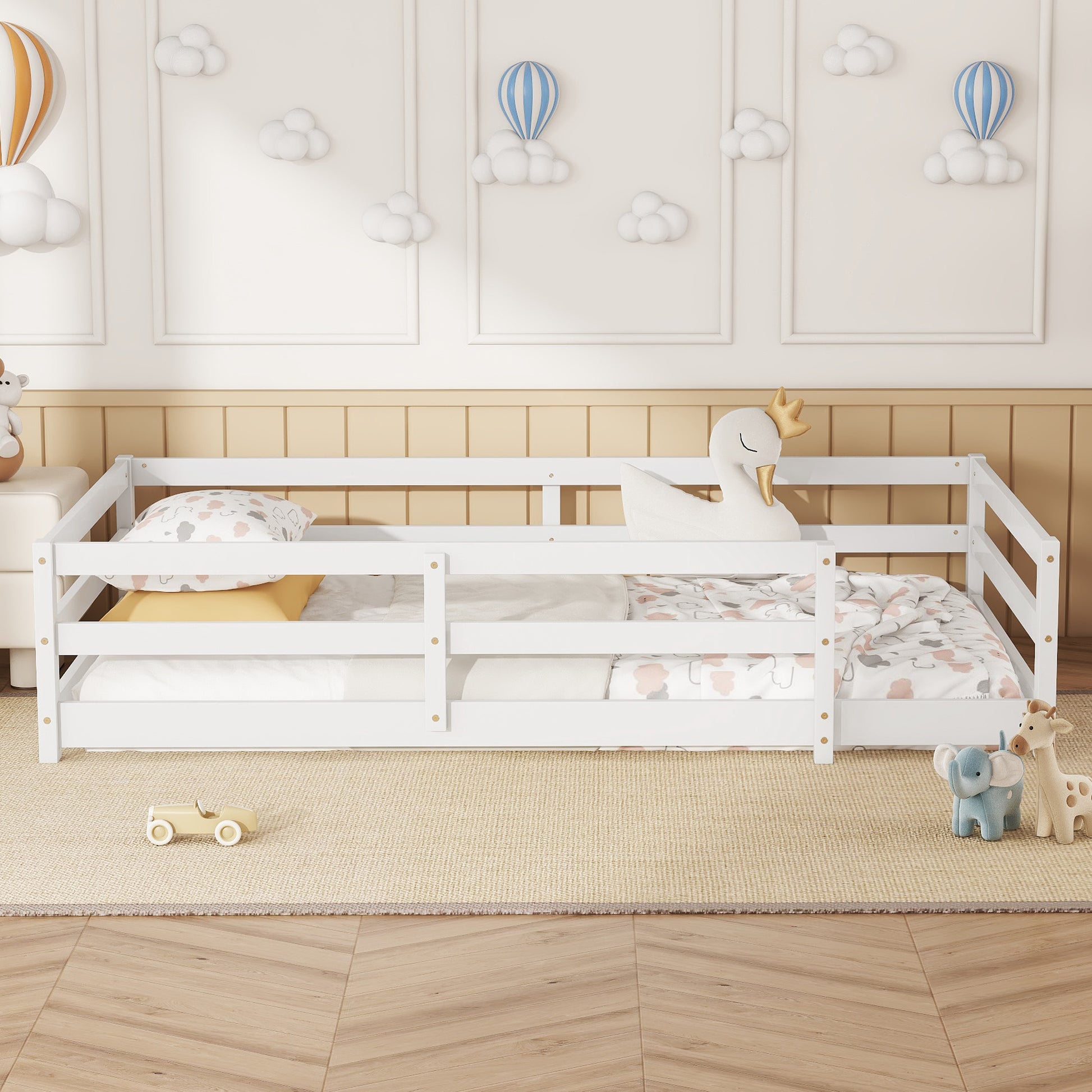 Twin Size Floor Bed, Montessori Floor Bed With Fence, Kids Montessori Bed Twin Size, Wood Montessori Floor Bed For Kids, Girls, Boys White White Wood Metal