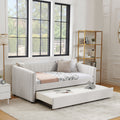 Twin Size Daybed With Trundle Upholstered Sofa Bed, With Vertical Stripes, Linen Fabric, Beige 82.5