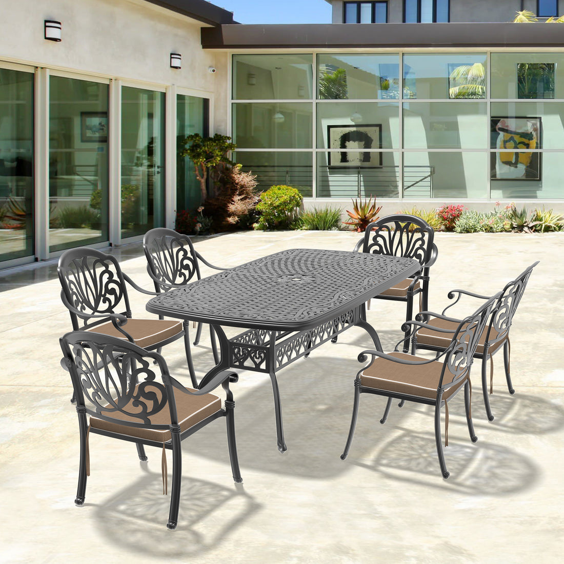 Cushions In Random Colors 7 Piece Set Of Cast Aluminum Patio Furniture With Cushions Yes Dining Set Off White Black Seats 6 Rust Resistant Frame Water Resistant Cushion Garden & Outdoor Complete Patio Sets Aluminium