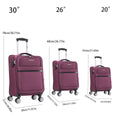 3 Piece Fabric Soft Luggage Set With Swivel Wheels And Password Lock, Purple, 20 26 30 Inches Purple Fabric