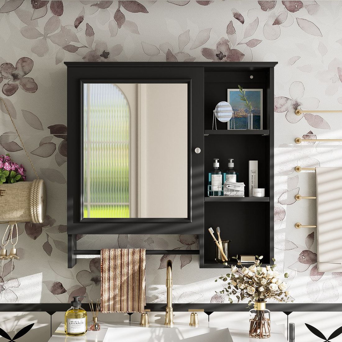 Wall Mounted Bathroom Storage Cabinet, Medicine Cabinets With Large Mirror Door, Adjustable Shelves And Three Open Storage Levels Not Include Bathroom Vanity Black 1 5 Mirror Included Bathroom Wall Mounted Mdf Glass Painted