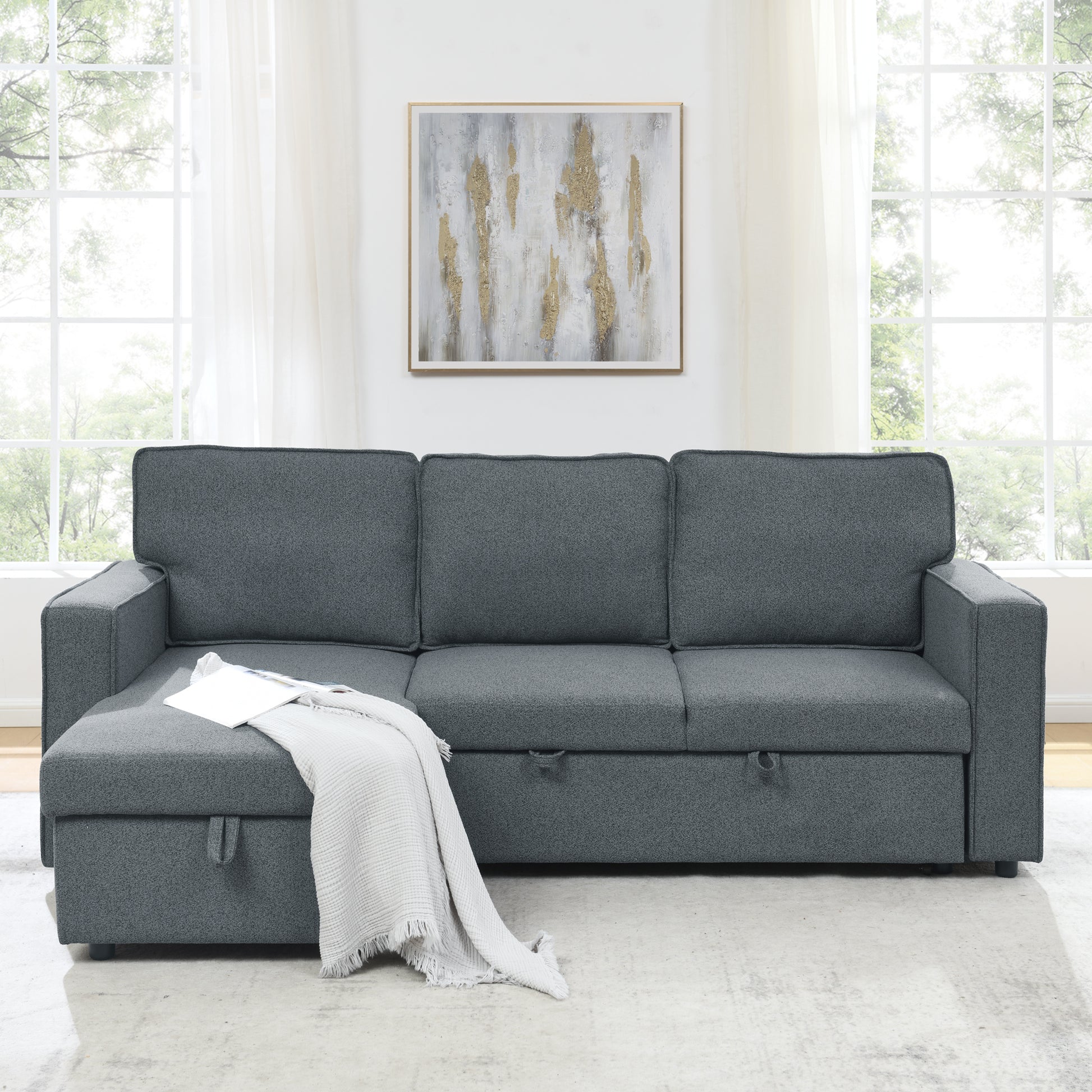 Linen Upholstered Sleeper Sectional Sofa, Shaped Modular Convertible Sofa With Storage Chaise,There Are Two Cup Holders In The Middle And Usb Multi Interface Function,Pull Out Sleep Couch Bed ,Grey