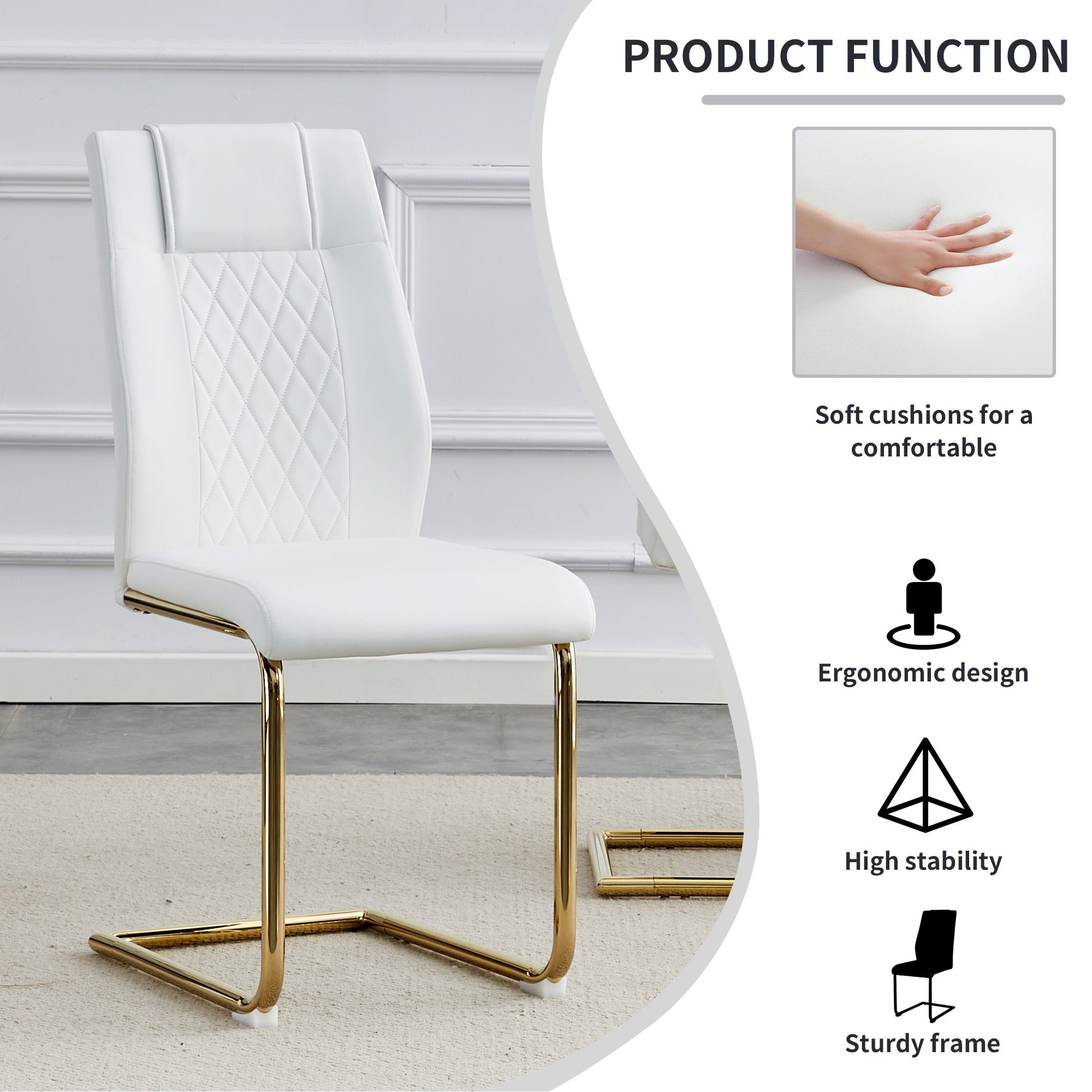 Table And Chair Set, The Table Is Equipped With A Marble Patterned Mdf Tabletop And Gold Table Legs.Dining Chairs,Gold Legged Upholstered Chairs Made Of Artificial Leather. Gold White Seats 6 Mdf