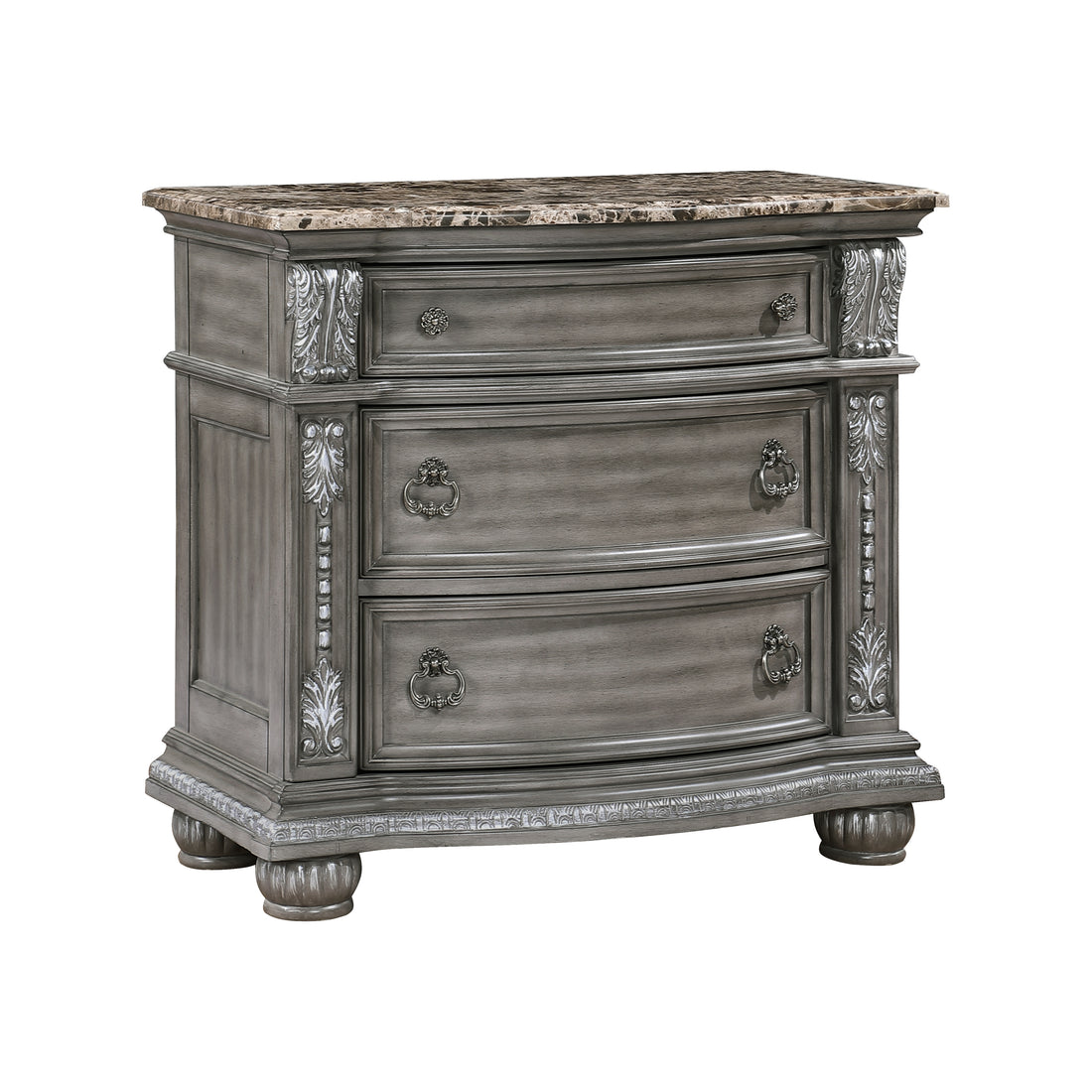 Traditional Style 1Pc Luxurious Nightstand Of 3 Drawers Marble Top Gray Finish Silver Tipping Wooden Bedroom Furniture Gray 3 Drawers Bedroom Bedside Cabinet Luxury,Traditional Wood