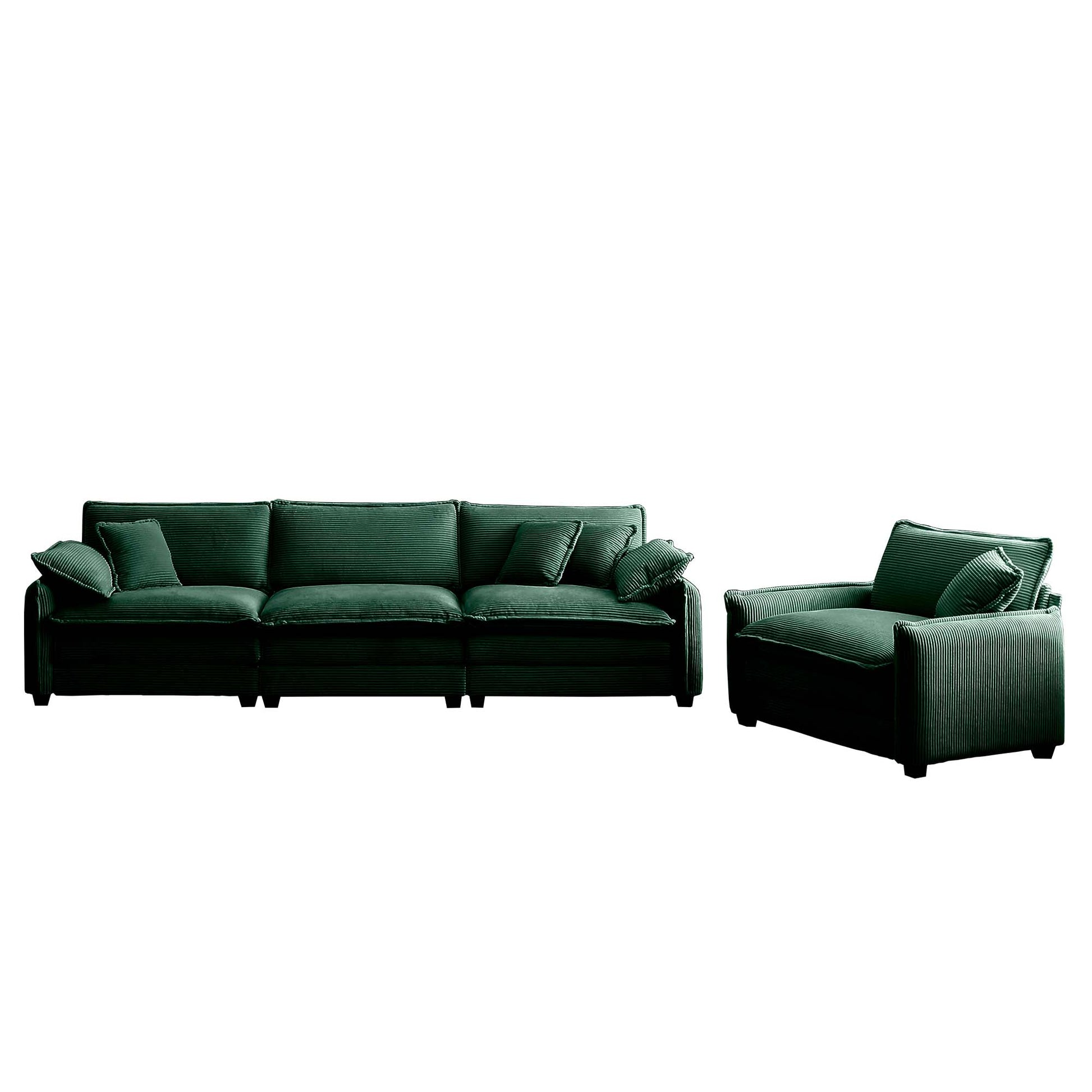Mid Century Modern Sofa Set Of Two, One 3 Seater Sofa And One Single Seat Sofa With 2 Arm Pillows And 4 Throw Pillows,2 Pieces Sofa Set For Living Room,Green Corduroy Fabric Green Corduroy 4 Seat