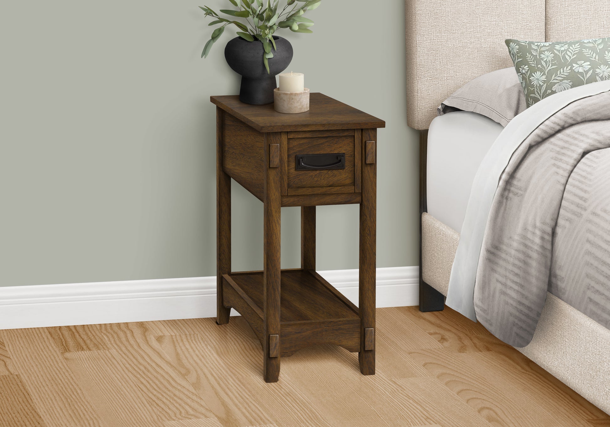 Accent Table, End, Side Table, Nightstand, 2 Tier, Narrow, Storage Drawer, Brown Veneer, Transitional Walnut Mdf