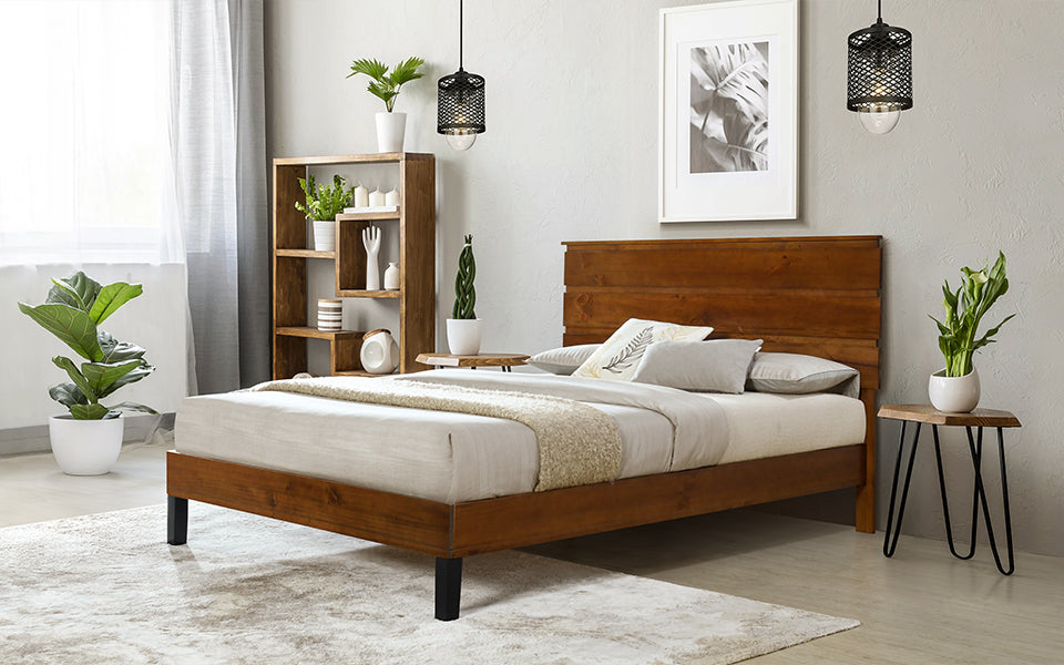 Mid Century Modern Solid Wood Bed Frame King Size Platform Bed With Three Piece Headboard Design, No Box Spring Needed, Brown King Brown Pine