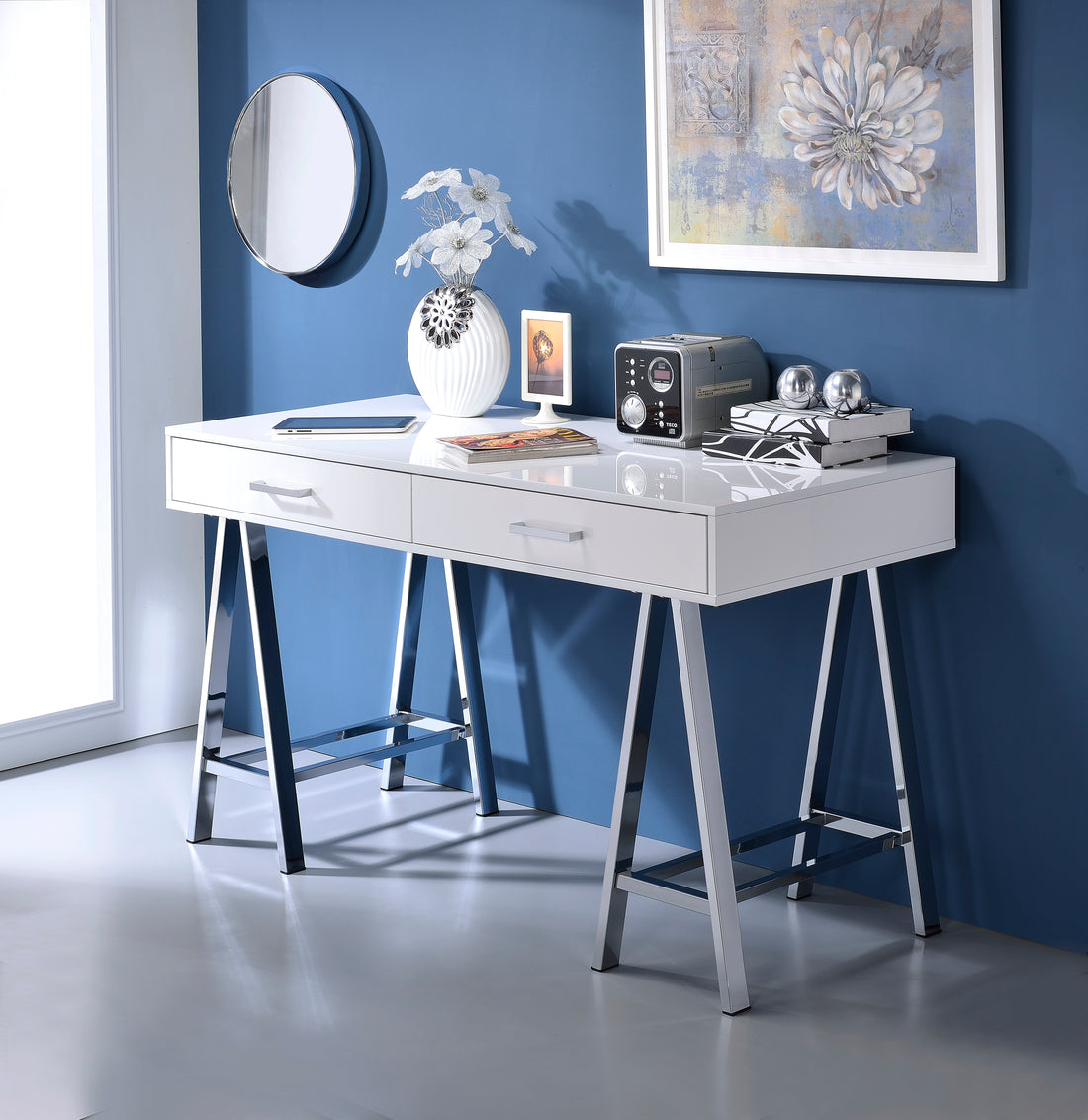 White High Gloss And Chrome Writing Desk With Usb Port White Silver Writting Desk Office Contemporary Rectangular Drawers Wood Metal