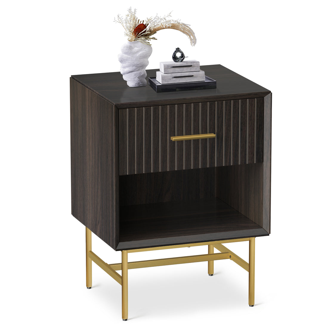 Nightstand, Modern Grooved Stripes Bed Side Table With A Drawer,Wood End Table With Golden Metal Handle And Metal Legs 1 Pieces Brown Wood Metal