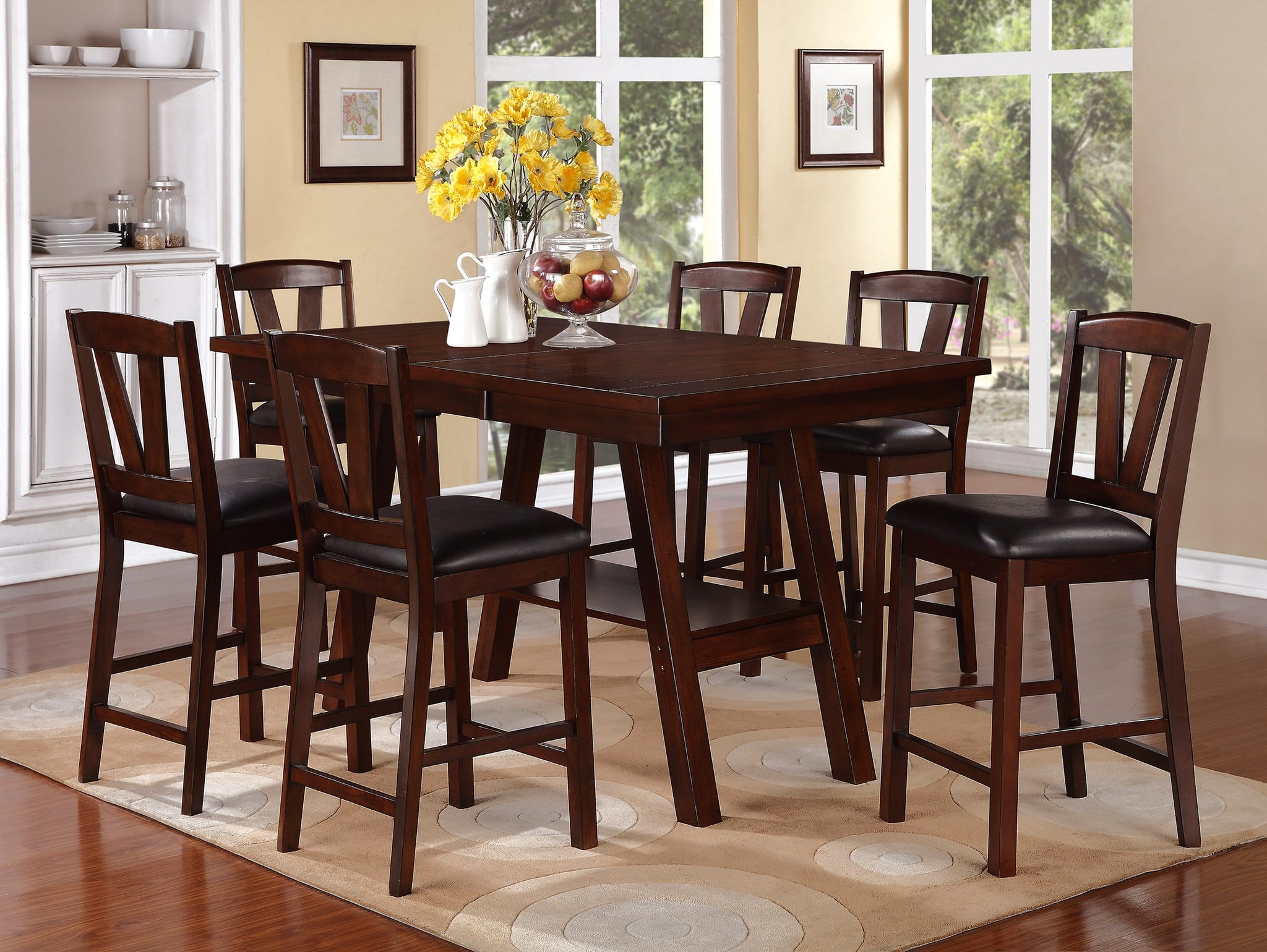 Dining Table 6X High Chairs 7Pcs Counter Height Dining Set Walnut Finish Dining Room Furniture Transitional Style Wood Walnut Seats 6 Wood Dining Room Contemporary,Modern,Transitional Rubberwood Rectangular 4 Leg Rectangular Dining Table With Chair