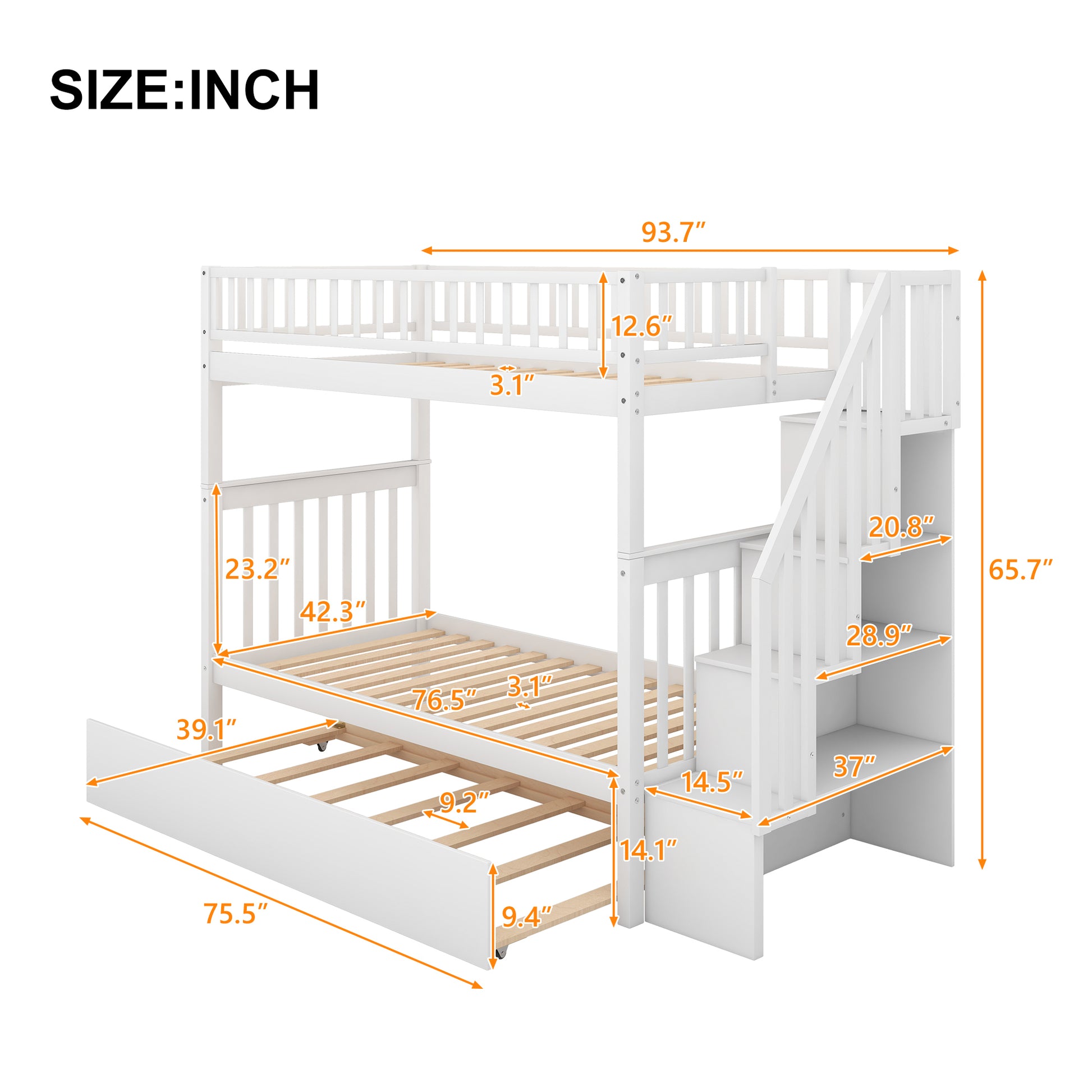 Twin Over Twin Bunk Bed With Trundle And Storage, White Twin White Pine