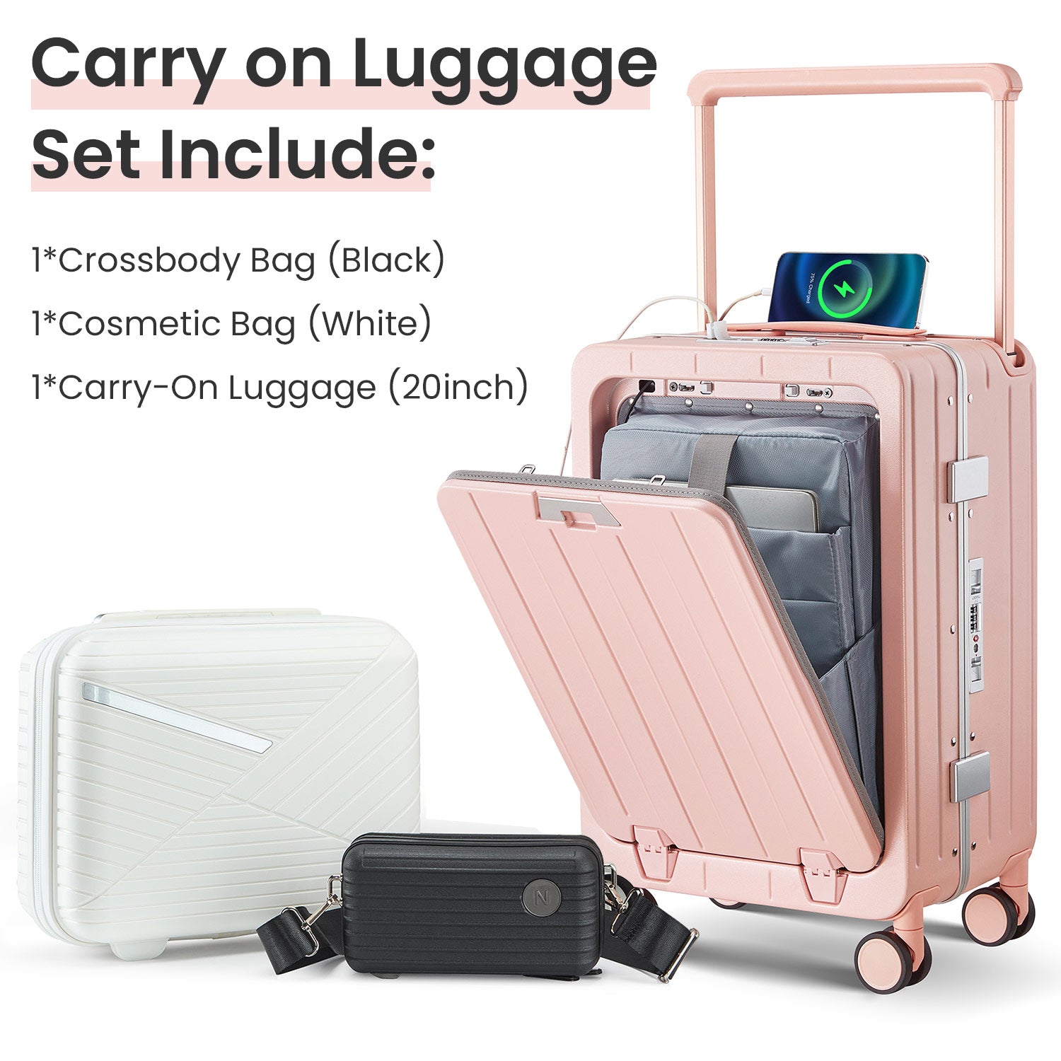 Aluminum Frame 20 Inch With Front Open Carry On Luggage, Pc Hard Shell