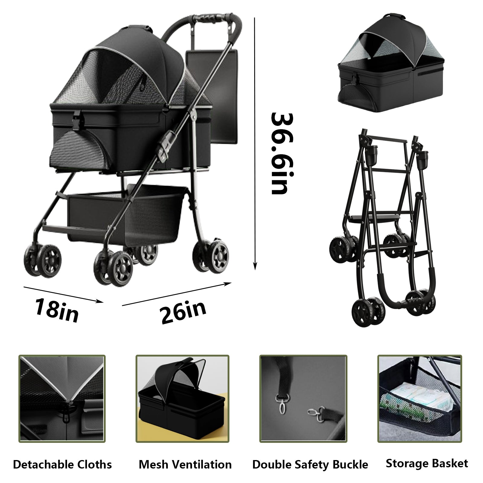 2 In 1 Folding Dog Stroller, Pet Folding Stroller, 4 Wheels Dog Cat Puppy Stroller W Removable Travel Carrier For Small Medium Pet, Waterproof Pad, Car Seat, Sun Shade Black Abs Steel Q235