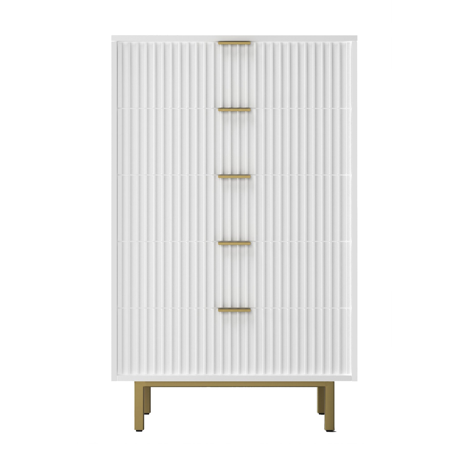 Beth 48 Inch 5 Drawer Tall Dresser Chest, White Mahogany Wood, Gold White Gold Wood