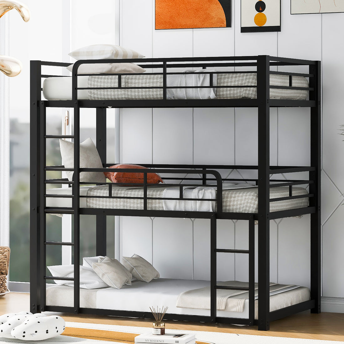 Metal Twin Size Triple Bunk Bed, Black Old Sku: Sm000230Aab 1 Box Spring Not Required Twin Black Metal Bedroom Metal