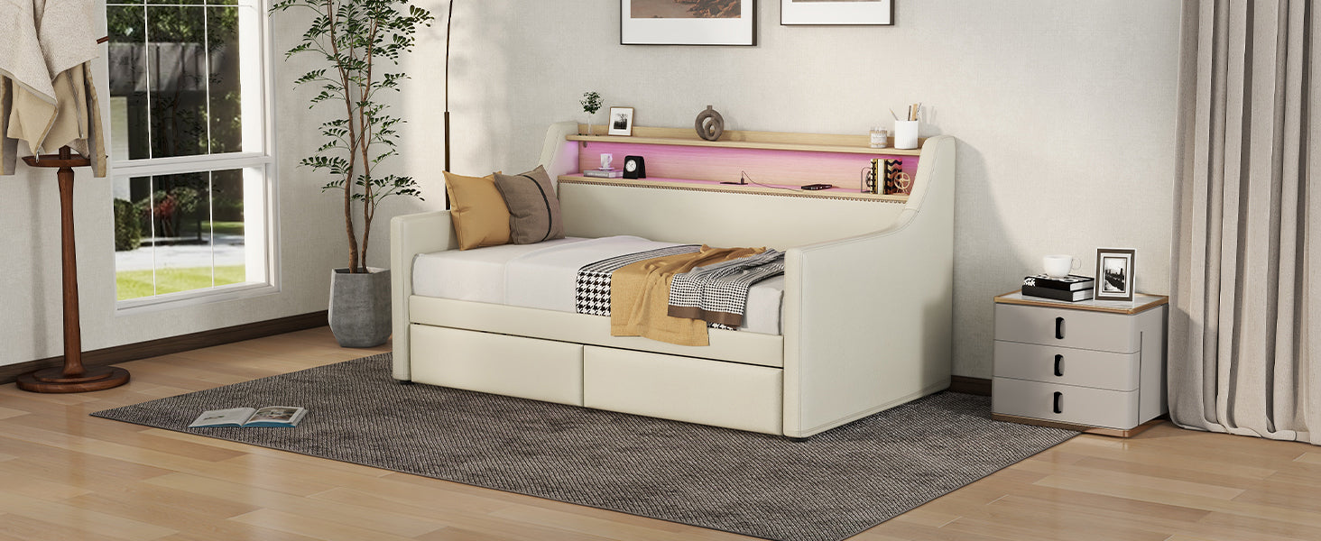 Twin Size Daybed With Storage Drawers, Upholstered Daybed With Charging Station And Led Lights, Beige Old Item W1580S00022 Twin Beige Pu Leather