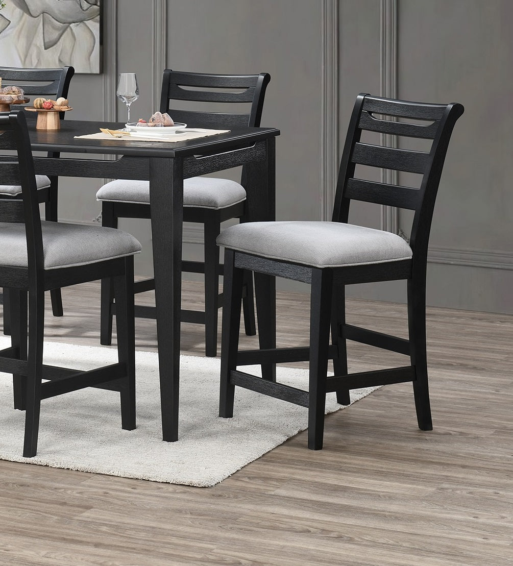 Black Color 7Pc Dining Set Counter Height Table And 6X High Chairs Upholstered Fabric Cushion Seats Solid Wood Dining Room Furniture Wood Dining Room Solid Wood Rubberwood Rectangular Dining Table With Chair Upholstered Chair Wood Black Ladder Back Seats