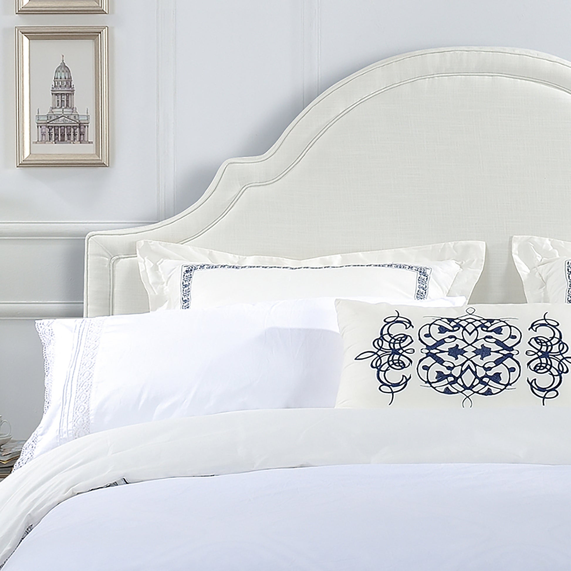 Catherine Upholstered King Headboard, Antique White Woven Antique White Foam Fabric