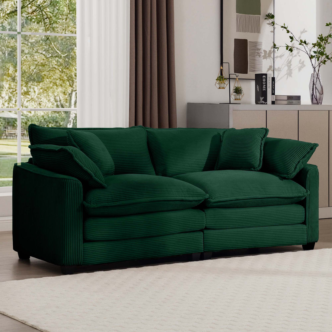 Modern Fabric Living Room Sofa With 4 Pillows Upholstered Large Deep Seating Loveseat, Green Corduroy Green Corduroy 2 Seat