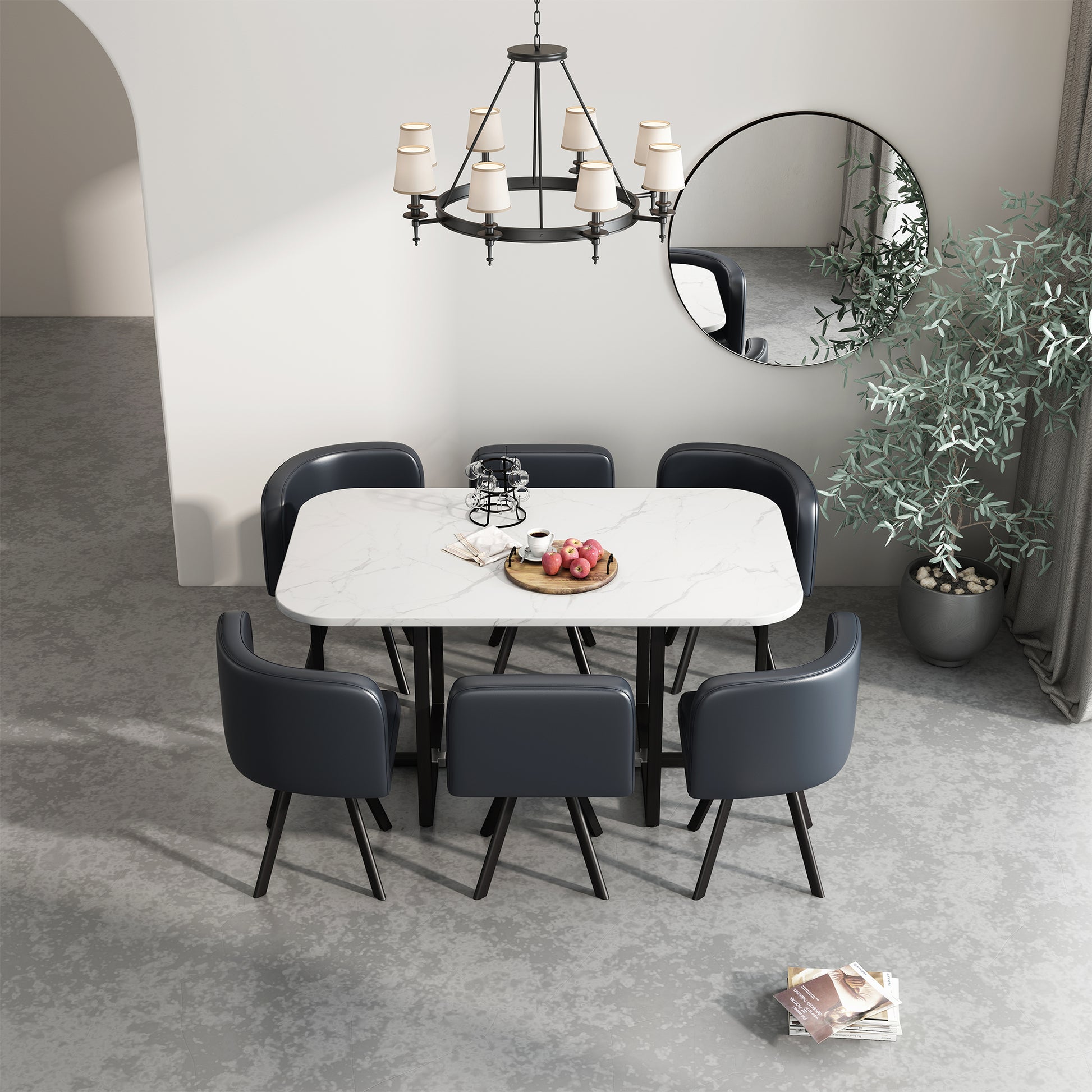 Modern 7 Pieces Dining Table Set, Rectangle Dining Table With 6 Chairs For Dining Room, Kitchen Black Pu Leather