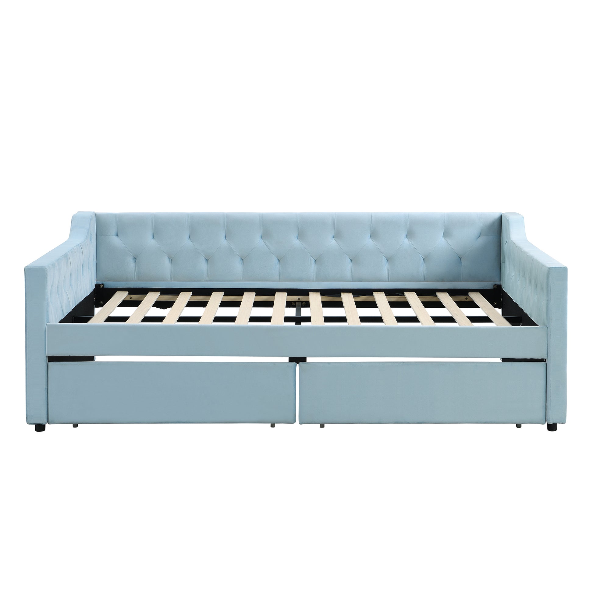Full Size Upholstered Tufted Daybed With 2 Drawers, Blue Box Spring Not Required Full Blue Wood Daybeds Velvet Upholstered