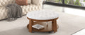 Modern Large Round Ottoman Coffee Table 2 Tier Oversized Button Tufted Ottoman With Wood Shelf Storage Upholstered Coffee Table For Living Room Footrest Ottoman With Wheel, Waterproof Linen Ivory White Rubber Wood