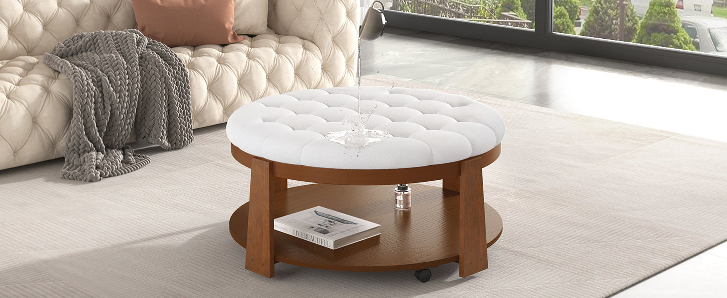 Modern Large Round Ottoman Coffee Table 2 Tier Oversized Button Tufted Ottoman With Wood Shelf Storage Upholstered Coffee Table For Living Room Footrest Ottoman With Wheel, Waterproof Linen Ivory White Rubber Wood