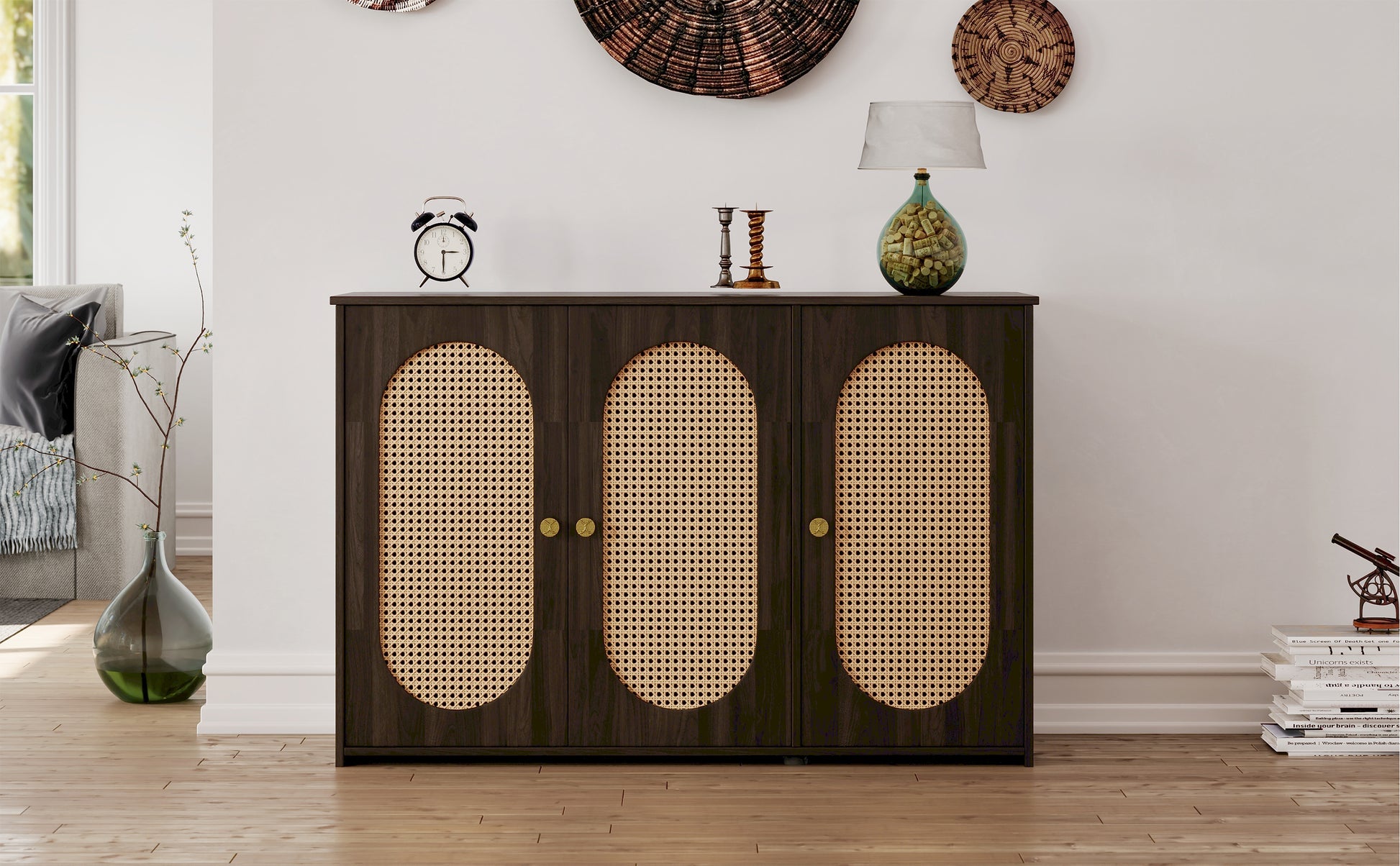 Retro 3 Door Sideboard With Large Storage Space Artificial Rattan Doors And Metal Handles, Accent Cabinet For Living Room And Hallway Brown Brown Particle Board Mdf