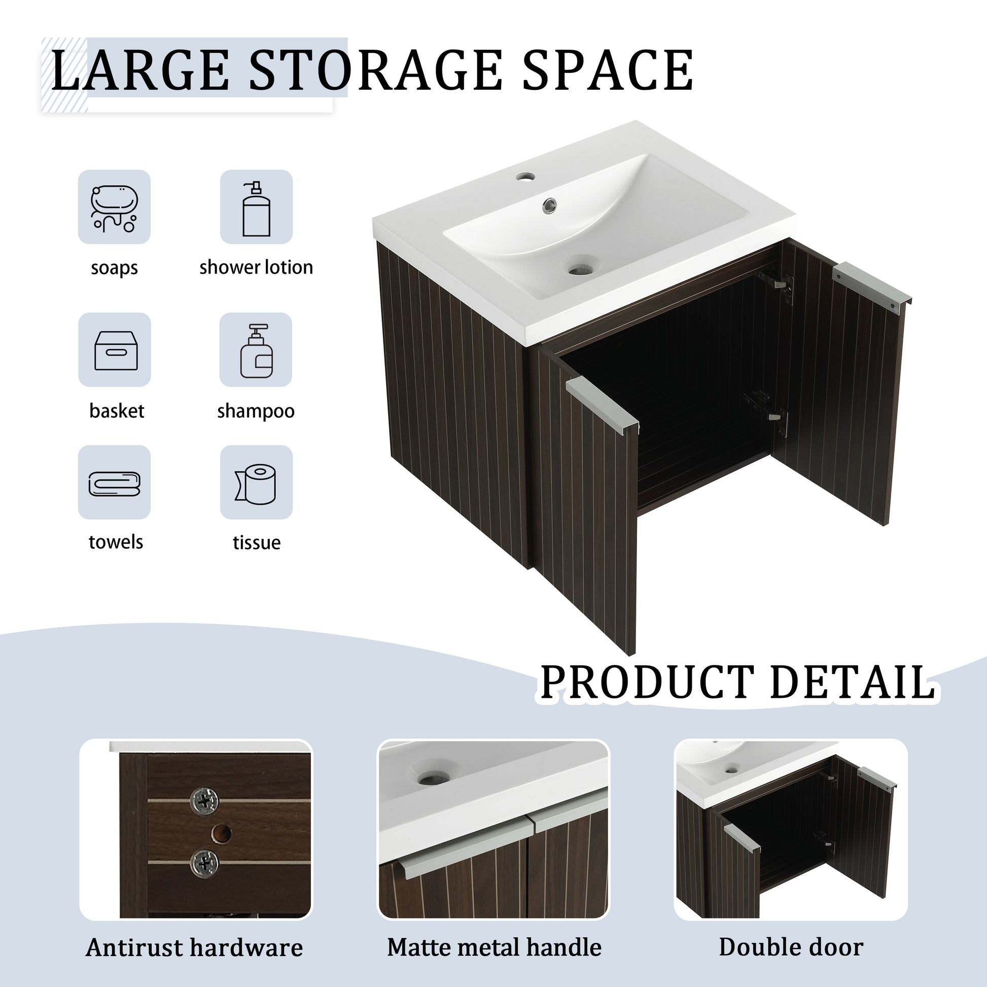 24 Inch Bathroom Cabinet With Resin Sink,Soft Close Doors,Float Mounting Design, For Small Bathroom Silver Brown Stripe Bathroom Modern Plywood Plywood