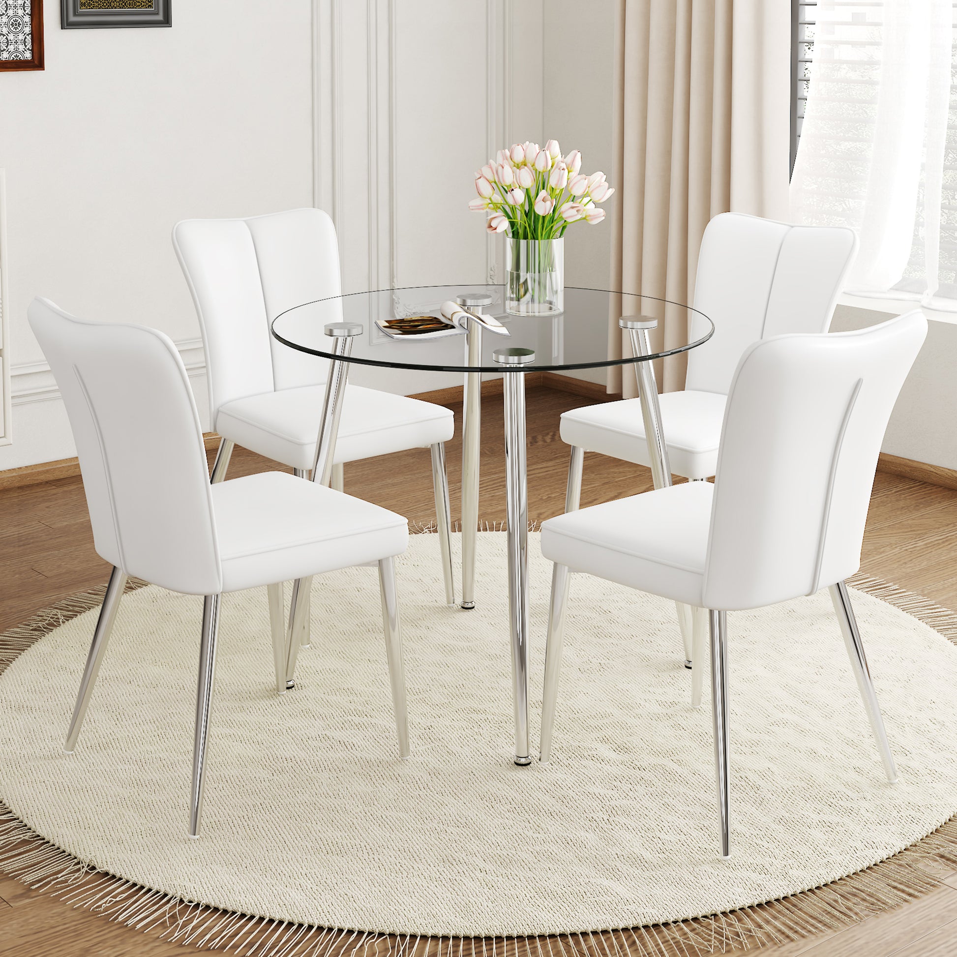 Table And Chair Set.A Modern Minimalist Round Dining Table With Transparent Tempered Glass Top And Silver Metal Legs,Paried With 4 Chairs With Pu Backrest And Seat Cushion And Silver Metal Legs. White Seats 4 Glass Metal