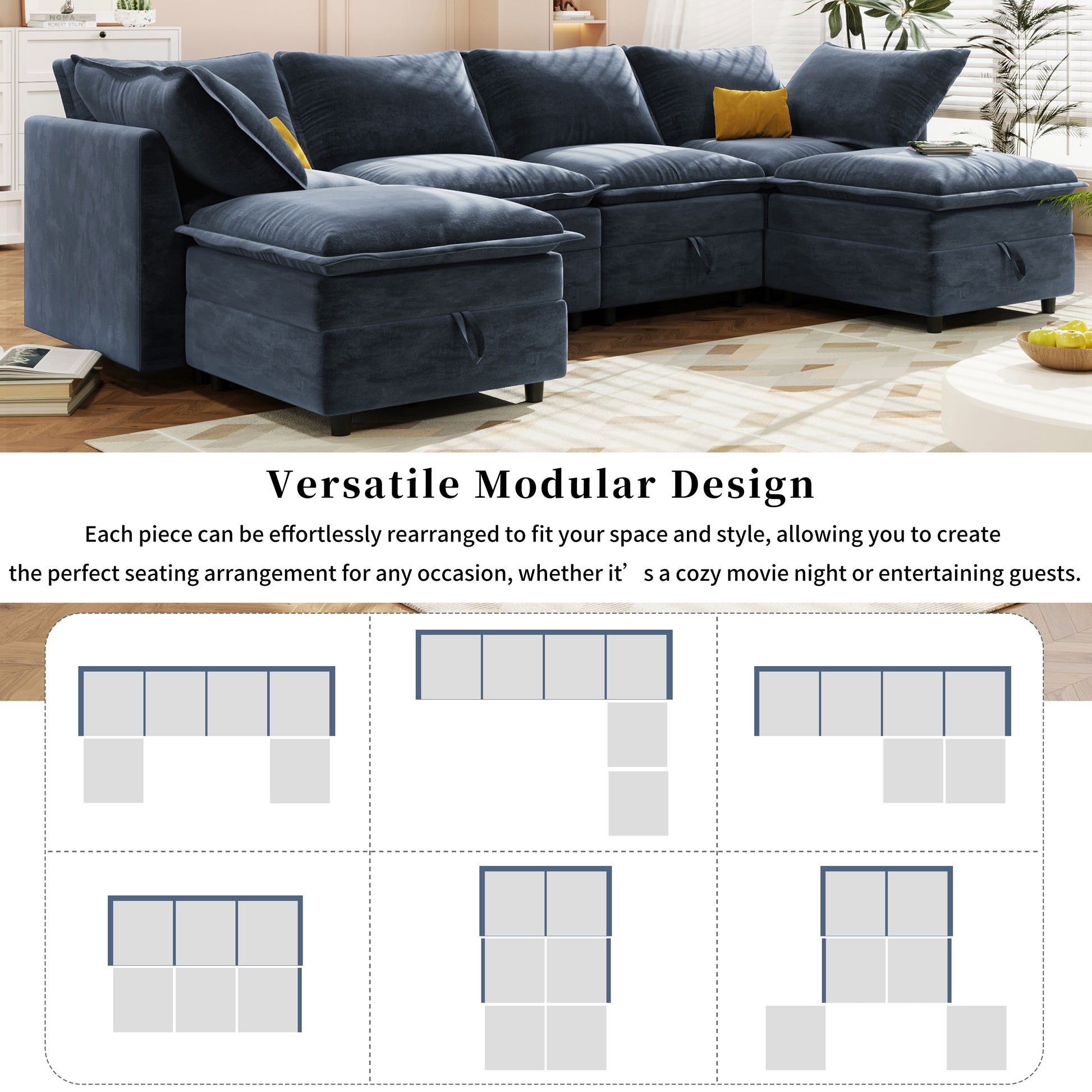 Mirod Versatile 6 Piece Modular Sofa Bed With Storage,Stylish Faux Double Layer Cushions,Comfortable & Durable Design,Perfect For Any Living Space Dark Blue Polyester 6 Seat