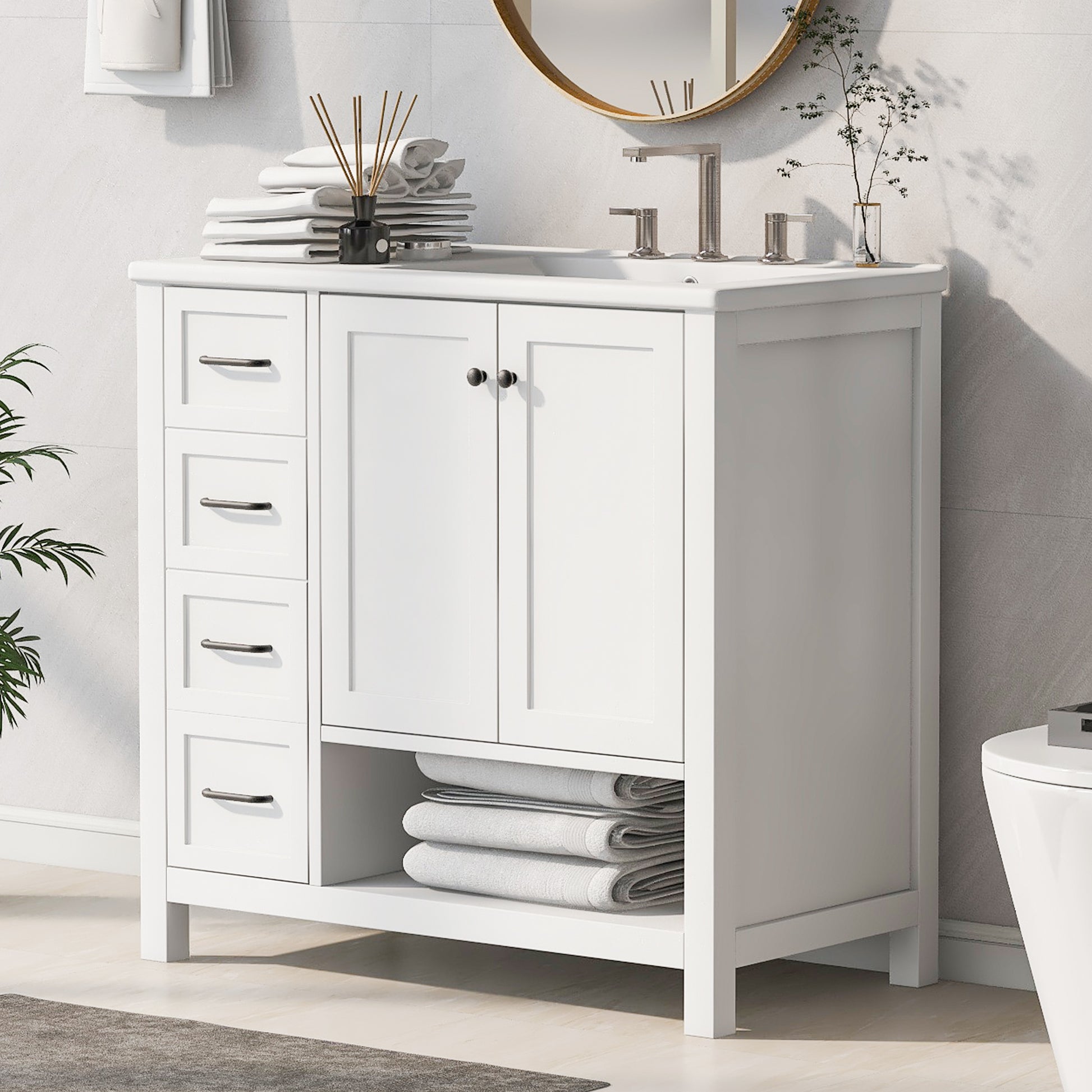 36" Bathroom Vanity With Sink Top, Bathroom Vanity Cabinet With Two Doors And Two Drawers, Solid Wood, Open Shelf, Mdf Boards, One Package, White White Solid Wood Mdf