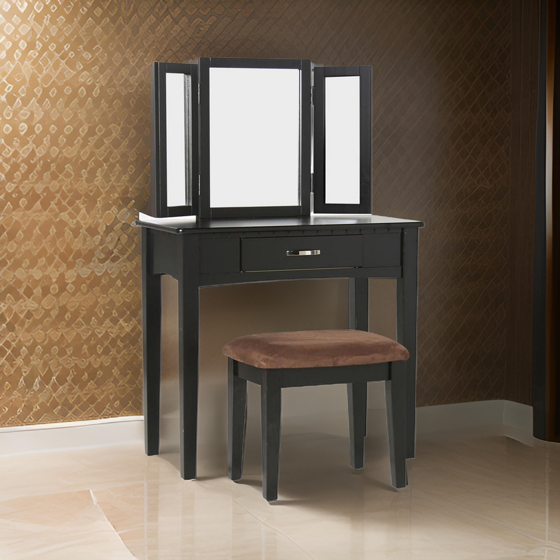 Wooden Vanity Set With 3 Sided Mirror And Padded Stool, Black Black Solid Wood