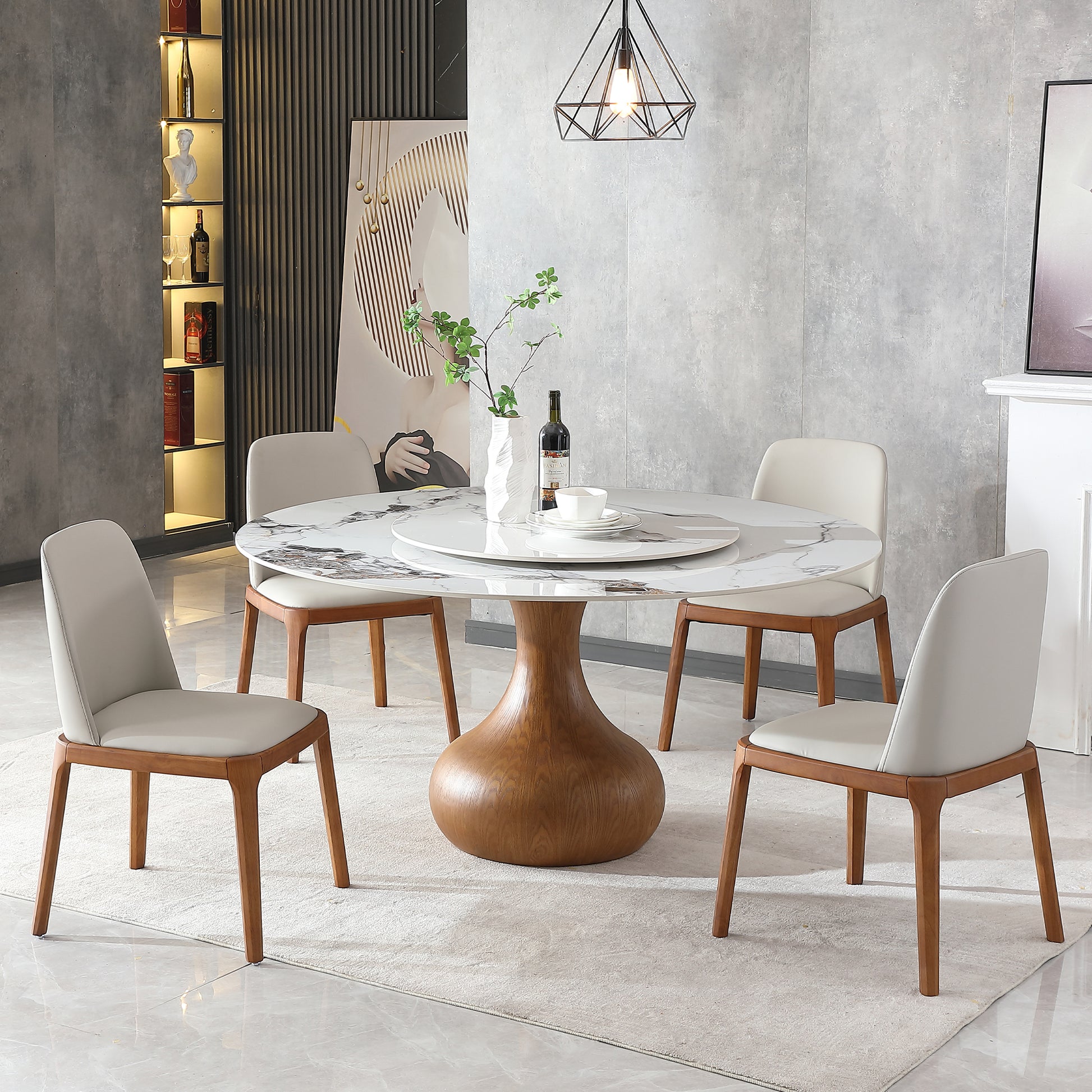 Modern Marble Dining Table, 59" Round Sintered Stone Table For Dining Room, Kitchen, Dinette, Compact Space With Lazy Susan 4 Chairs Walnut,White Dining Room American Design,Luxury,Modern Oak Round