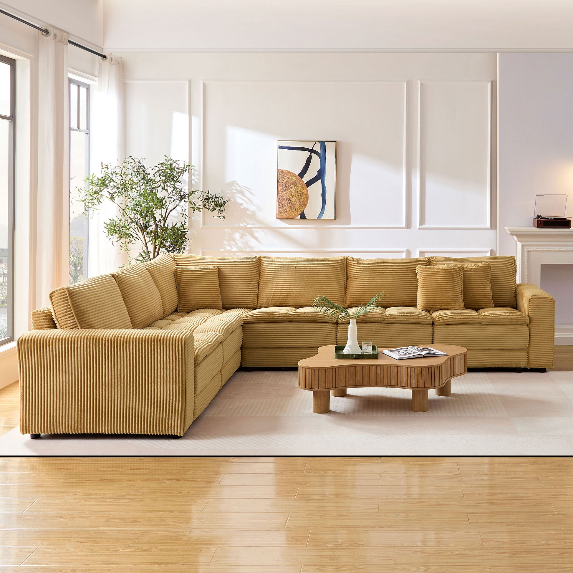 6 Seats,Oversized Sectional Sofa,L Shaped Corner Couch With Detachable Seat & Back Cushion, Corduroy Upholstery Convertible Sleeper Sofa&Couch For Living Room Yellow Fabric 6 Seat