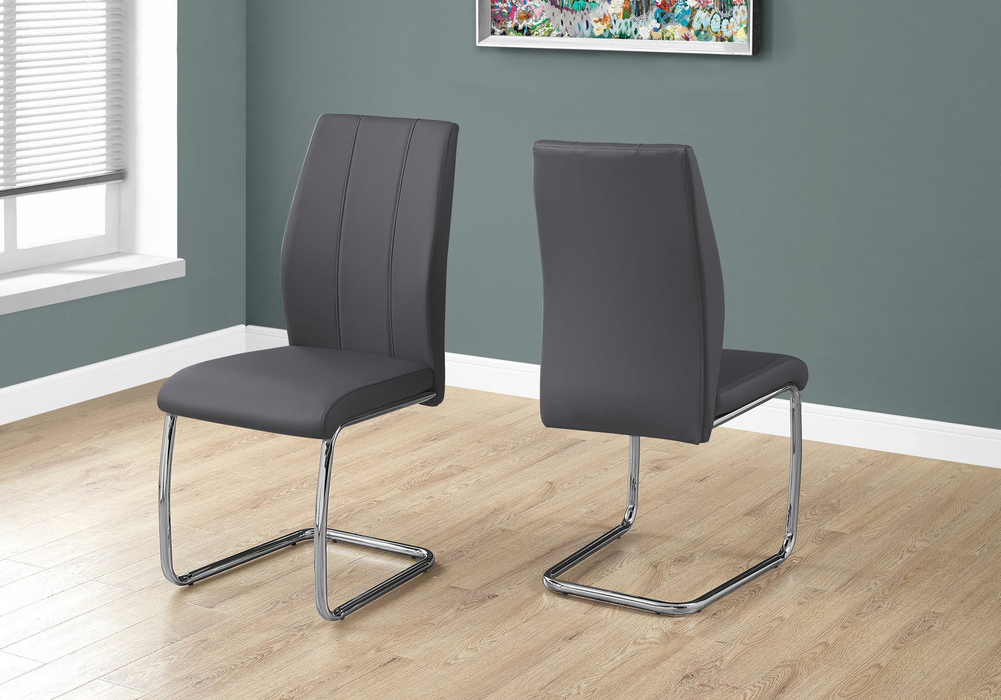 Dining Chair, Set Of 2, Side, Upholstered, Kitchen, Dining Room, 39" Height, Grey Leather Look, Chrome Metal, Contemporary, Modern Grey Foam Faux Leather