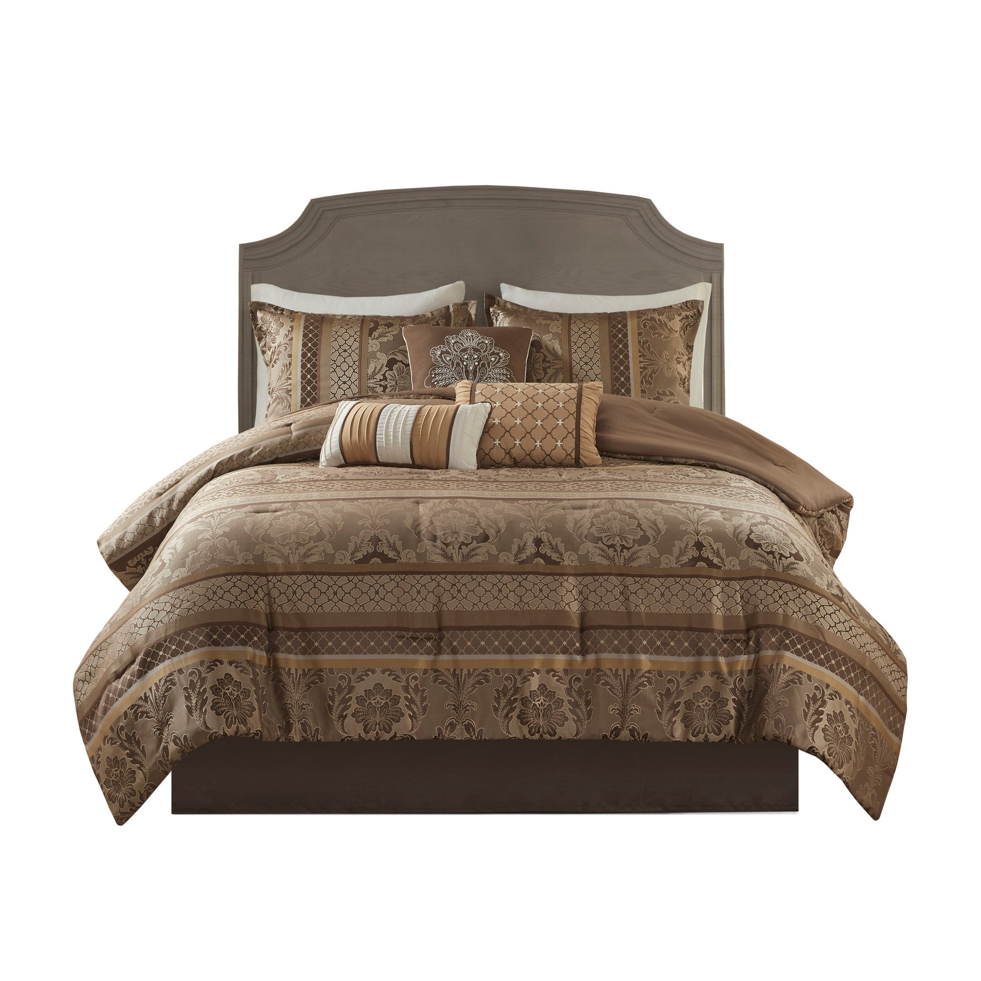 7 Piece Jacquard Comforter Set Brown Gold Cal King California King Brown Gold Polyester