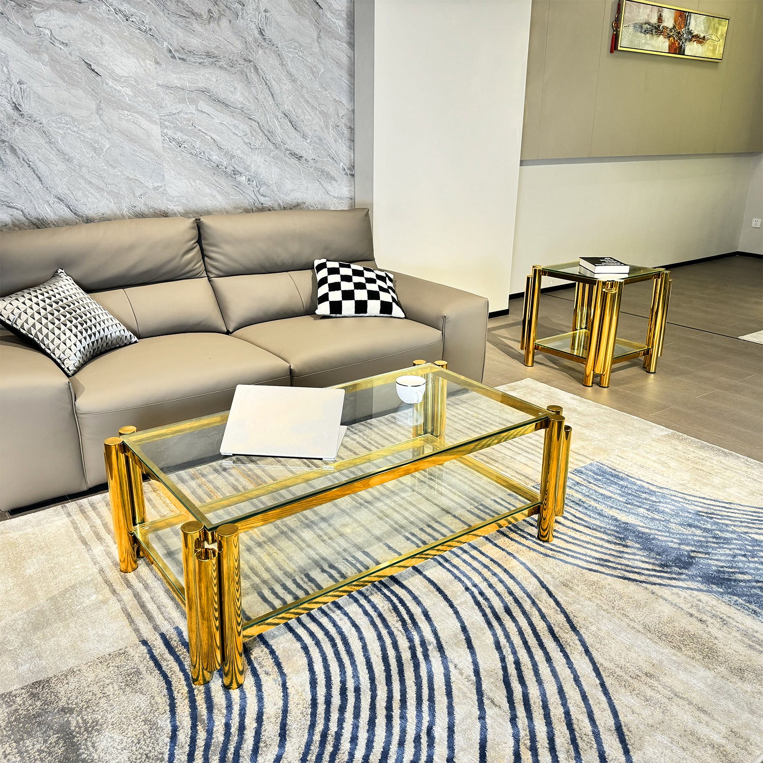 Golden Stainless Steel Double Layer Clear Tempered Glass Coffee Table For Bed Room, Living Room Gold Clear Modern Rectangular Stainless Steel,Tempered Glass