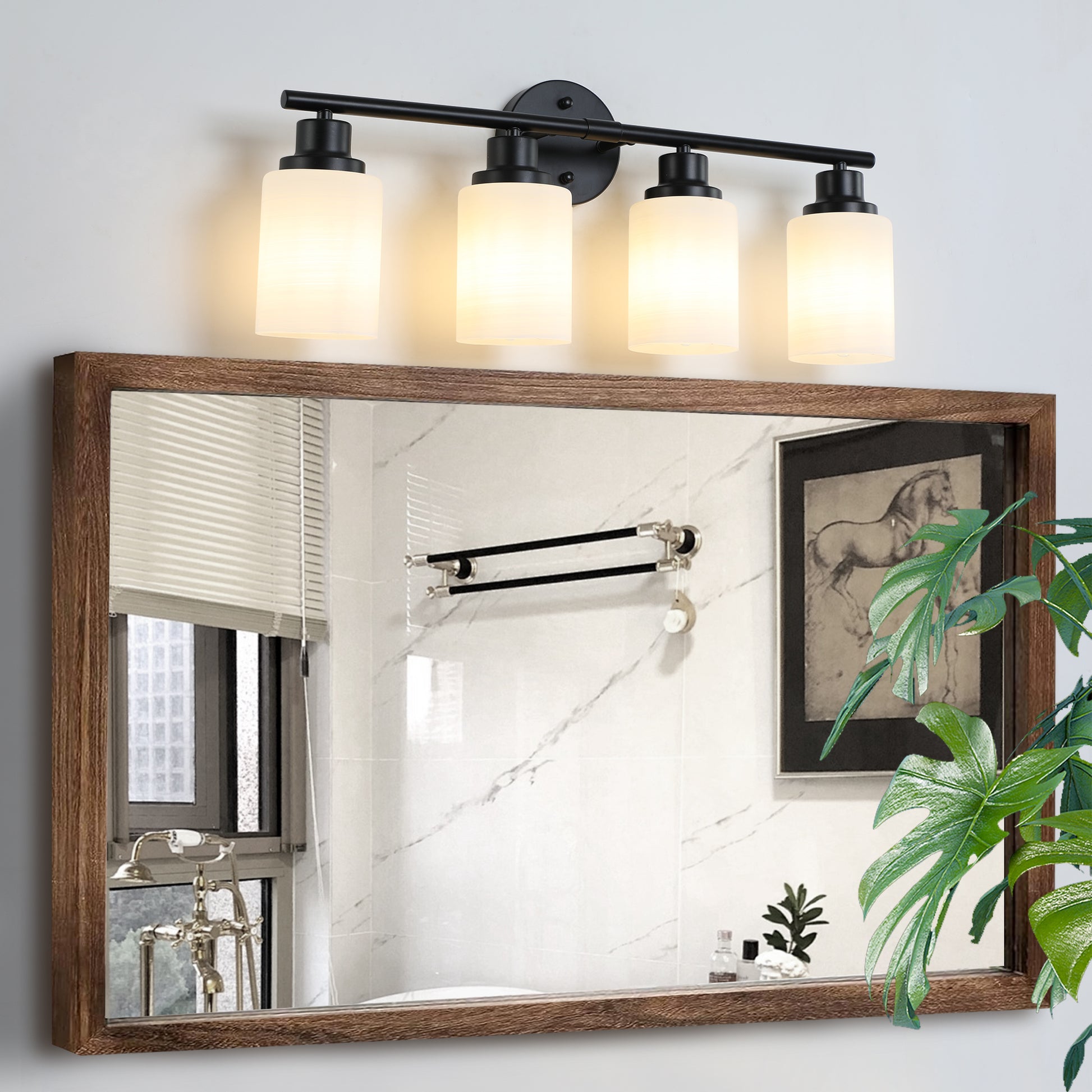 Modern 4 Light Vanity Bathroom Mirror Light, Frosted White Glass With Black Iron Frame, Contemporary Wall Sconce For Bedroom, Bathroom, And Dressing Room Bulb Not Included Black White Glass,Iron