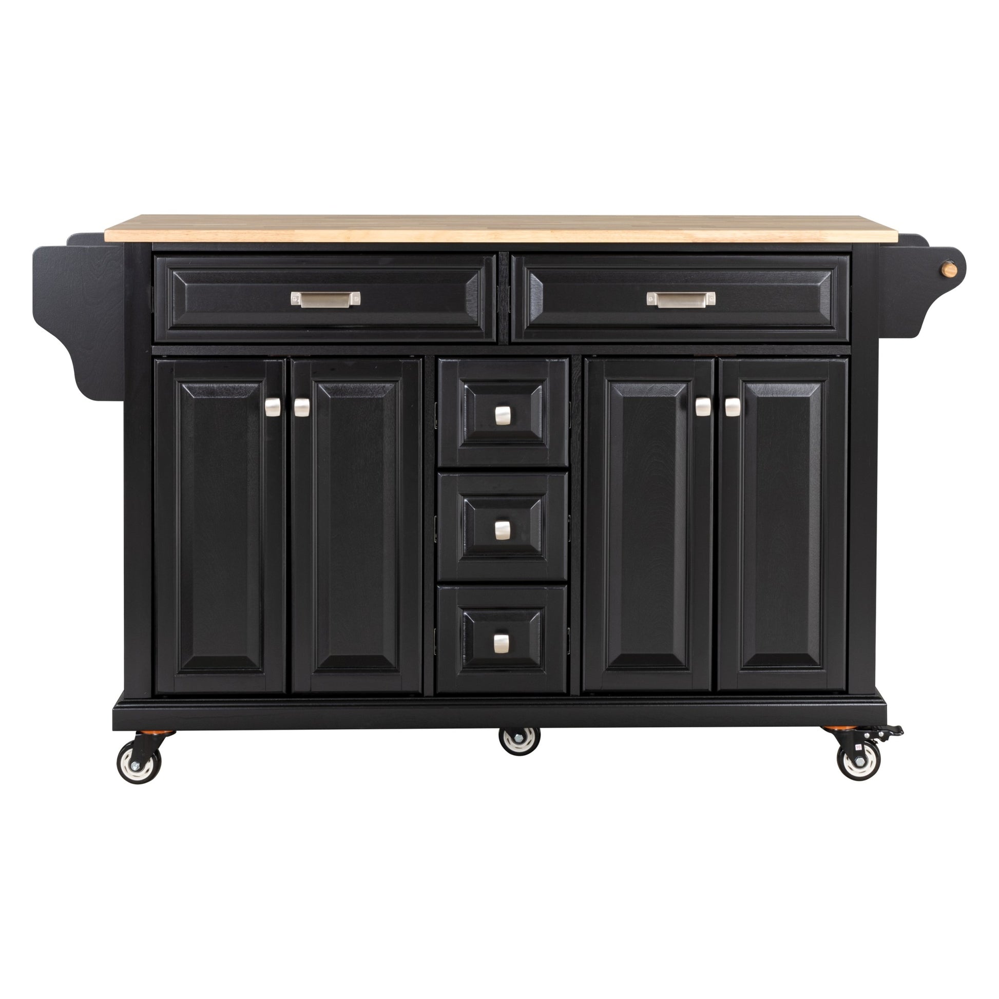 Kitchen Island With Rubber Wood Countertop, Kitchen Cart On 5 Wheels With Storage Cabinet And 5 Drawers For Dinning Room, Black Black Dining Room Rectangular Rubberwood Solid Wood Mdf Large 56 In