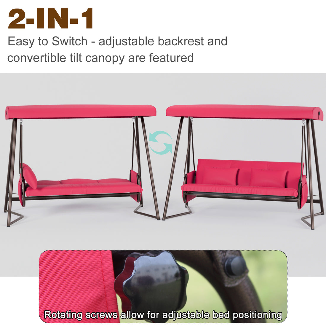 Outdoor Patio 3 Seaters Metal Swing Chair Swing Bed With Cushion And Adjustable Canopy Red Color Yes Red Weather Resistant Frame Garden & Outdoor Foam Metal