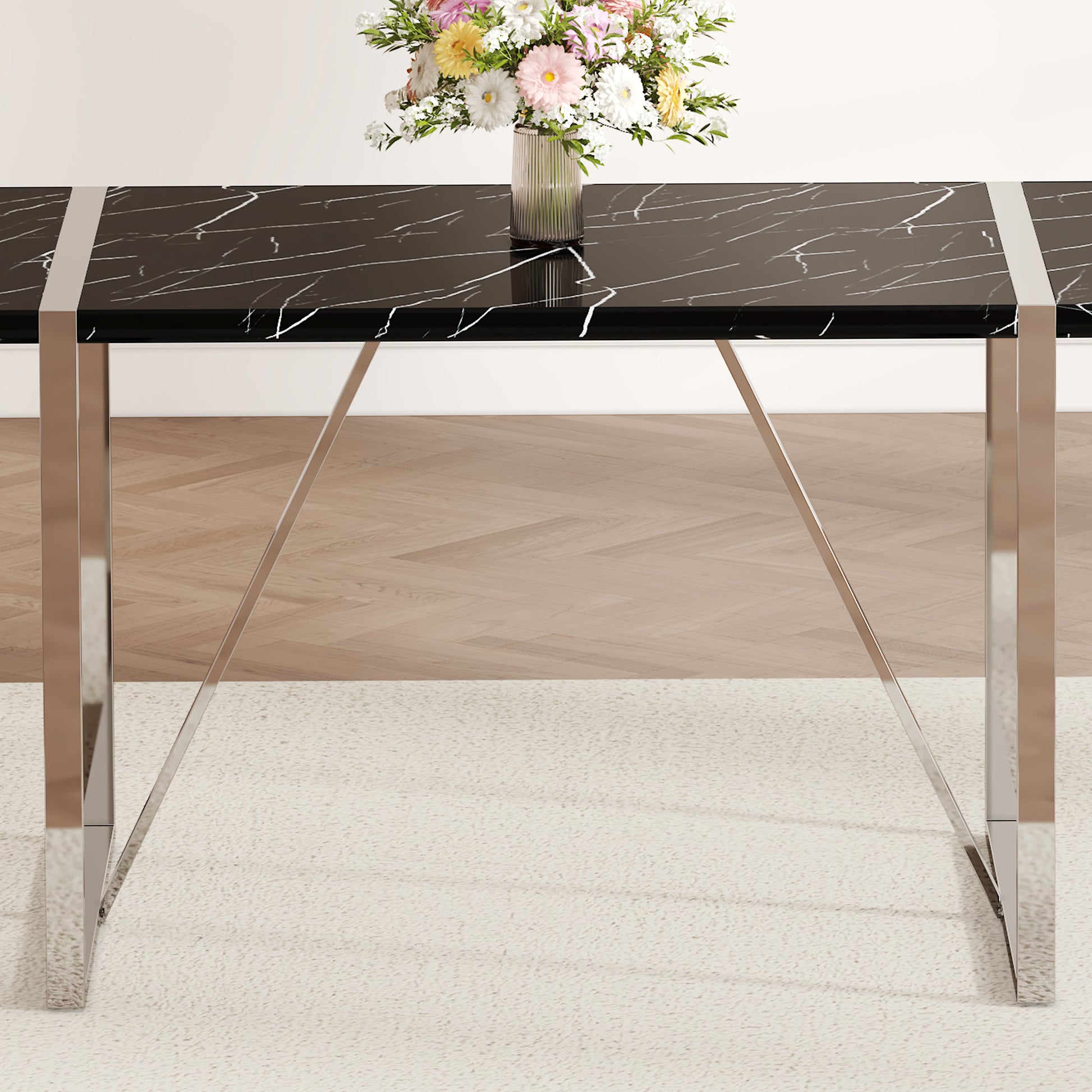 Table And Chair Set.A Rustic Industrial Rectangular Mdf Black Dining Table With Mdf Desktop And Electroplated Silver Metal Legs.Paried With 4 Chairs With Pu Cushion And Metal Legs. Black,Dark Gray,Silver Seats 4 Mdf Metal